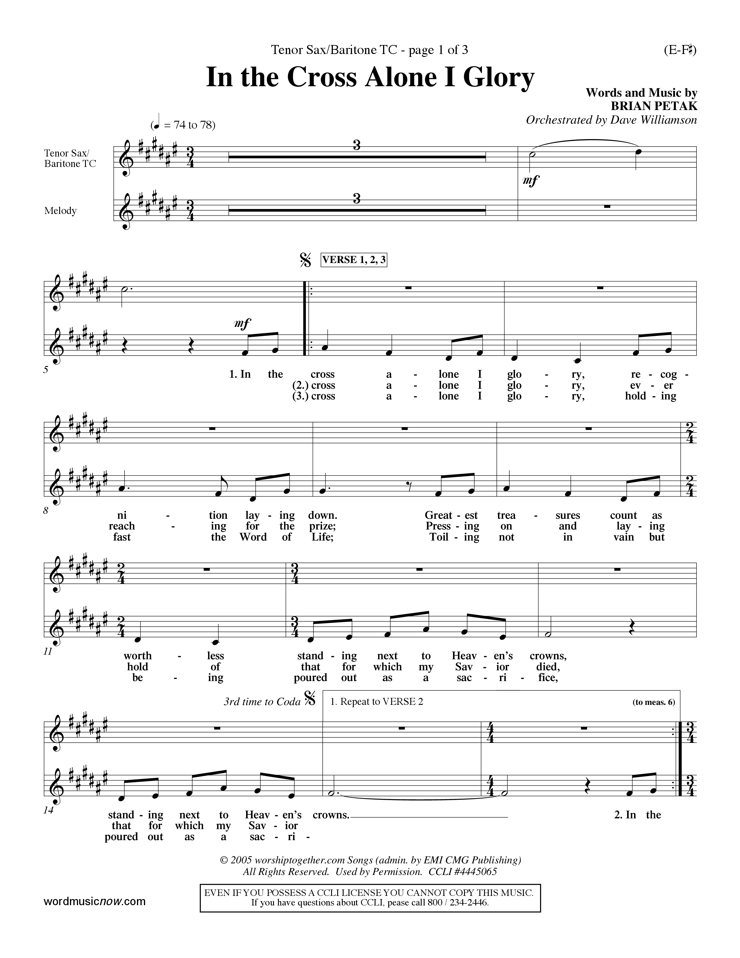 In The Cross Alone I Glory (Choral Anthem SATB) Tenor Sax/Baritone T.C. (Word Music Choral / Arr. Dave Williamson)