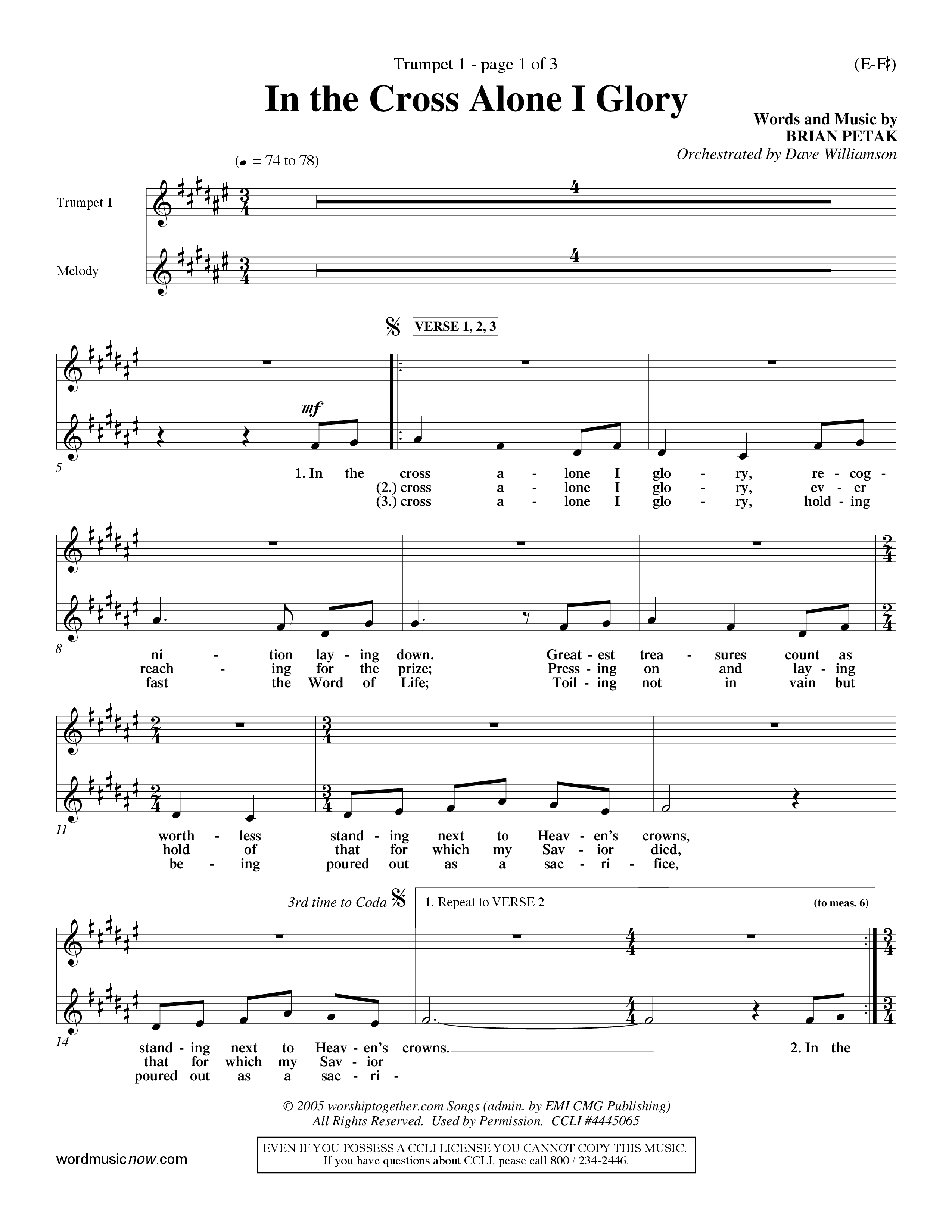 In The Cross Alone I Glory (Choral Anthem SATB) Trumpet 1 (Word Music Choral / Arr. Dave Williamson)