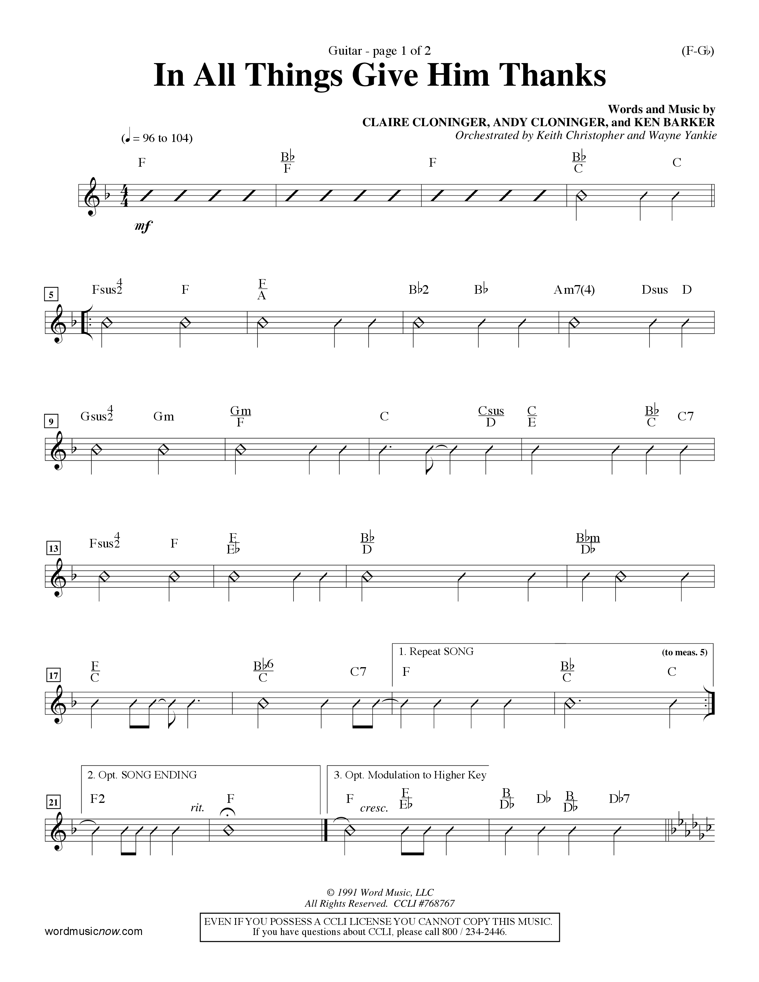 In All Things Give Him Thanks Acoustic Guitar (Word Music Choral / Orch. Keith Christopher / Orch. Wayne Yankie)