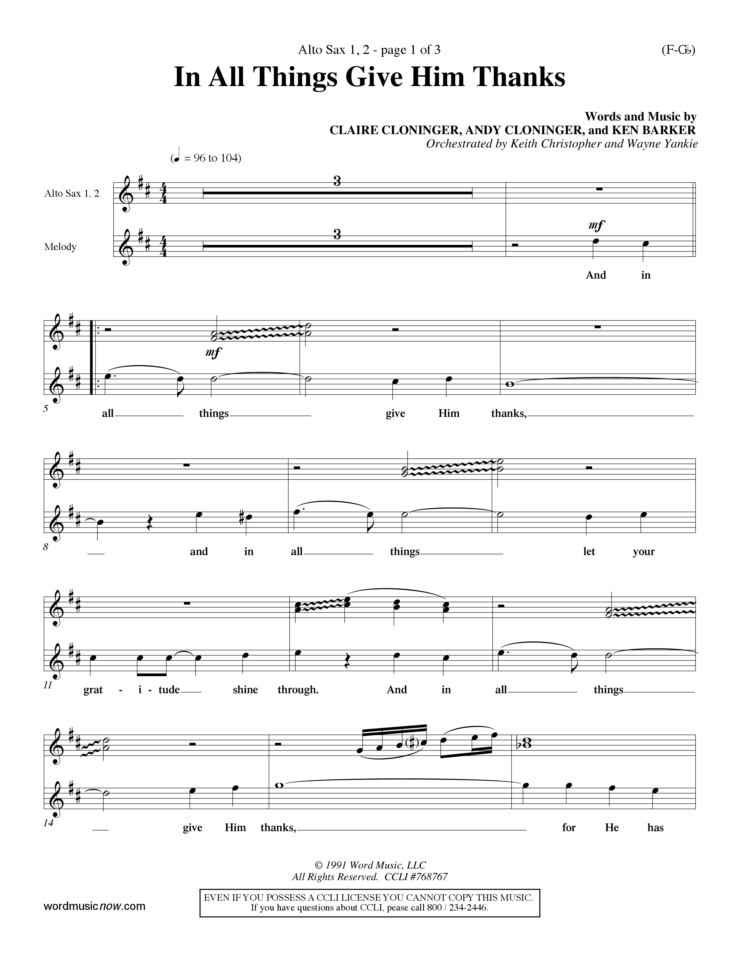 In All Things Give Him Thanks Alto Sax 1/2 (Word Music Choral / Orch. Keith Christopher / Orch. Wayne Yankie)