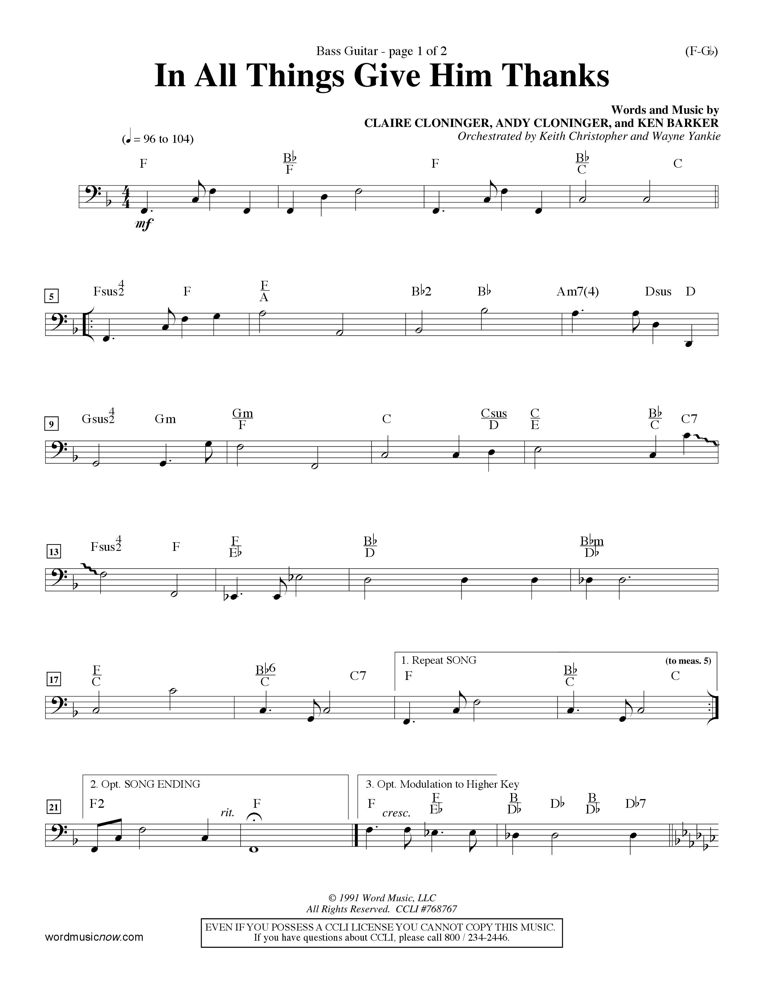 In All Things Give Him Thanks Bass Guitar (Word Music Choral / Orch. Keith Christopher / Orch. Wayne Yankie)