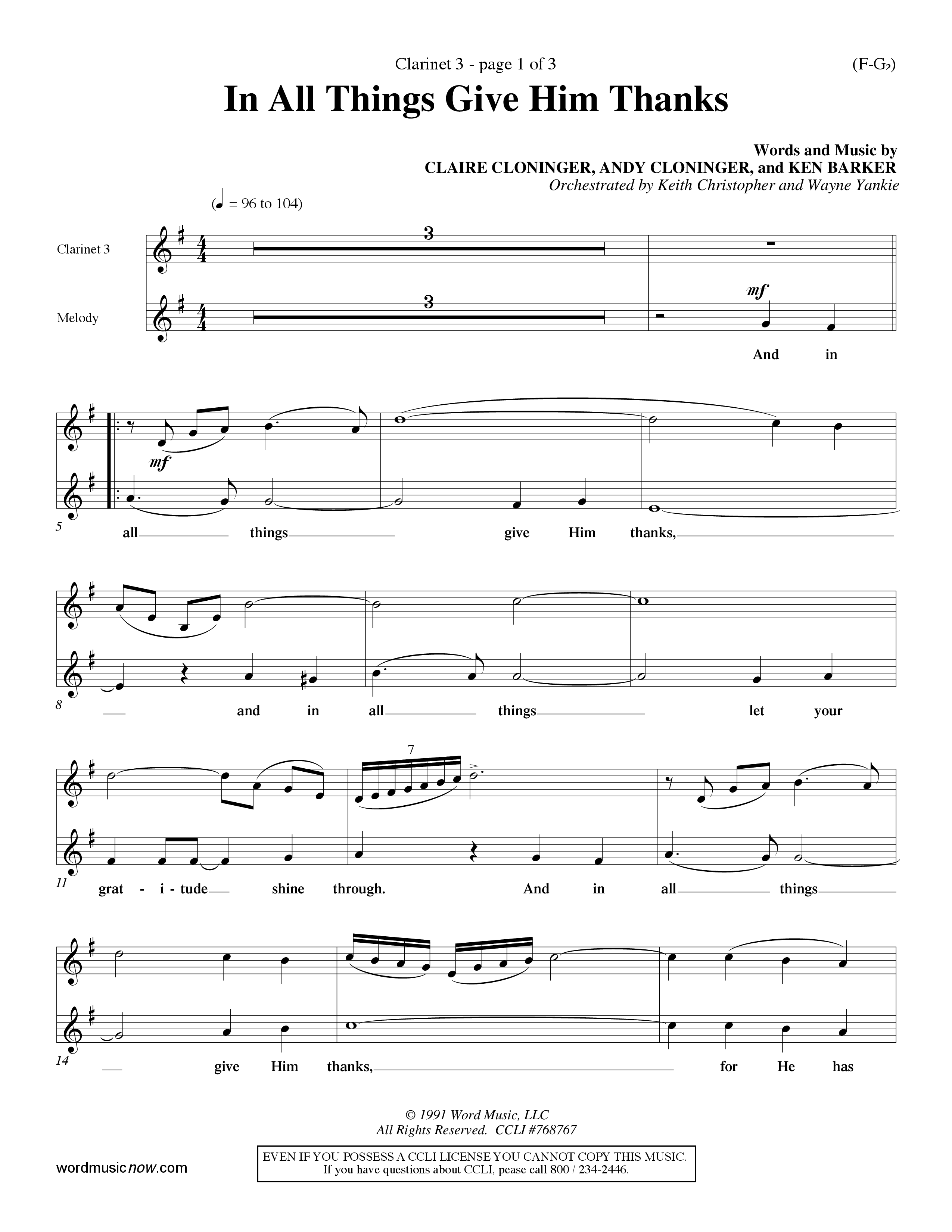 In All Things Give Him Thanks Clarinet 3 (Word Music Choral / Orch. Keith Christopher / Orch. Wayne Yankie)