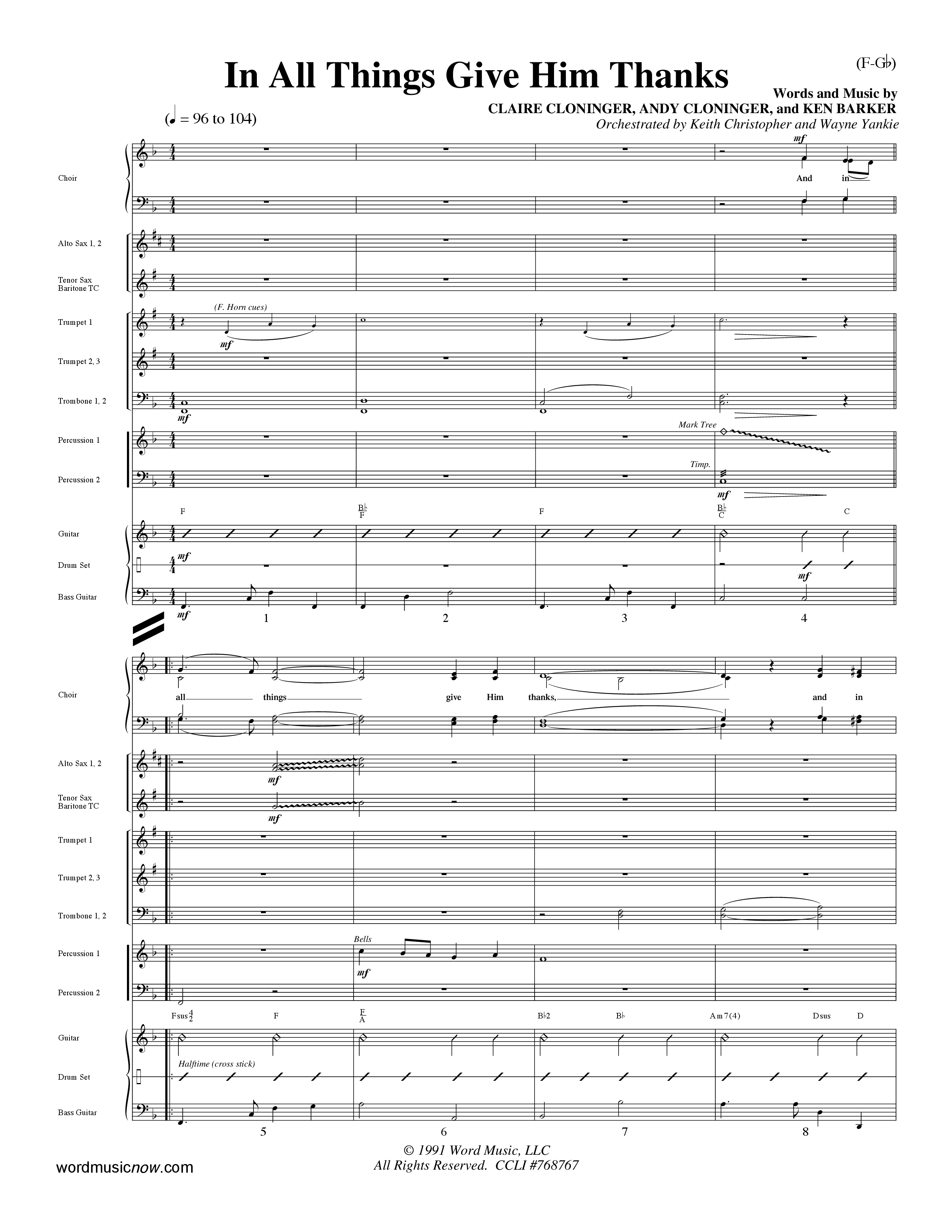 In All Things Give Him Thanks PraiseBand (incl. Brass) (Word Music Choral / Orch. Keith Christopher / Orch. Wayne Yankie)