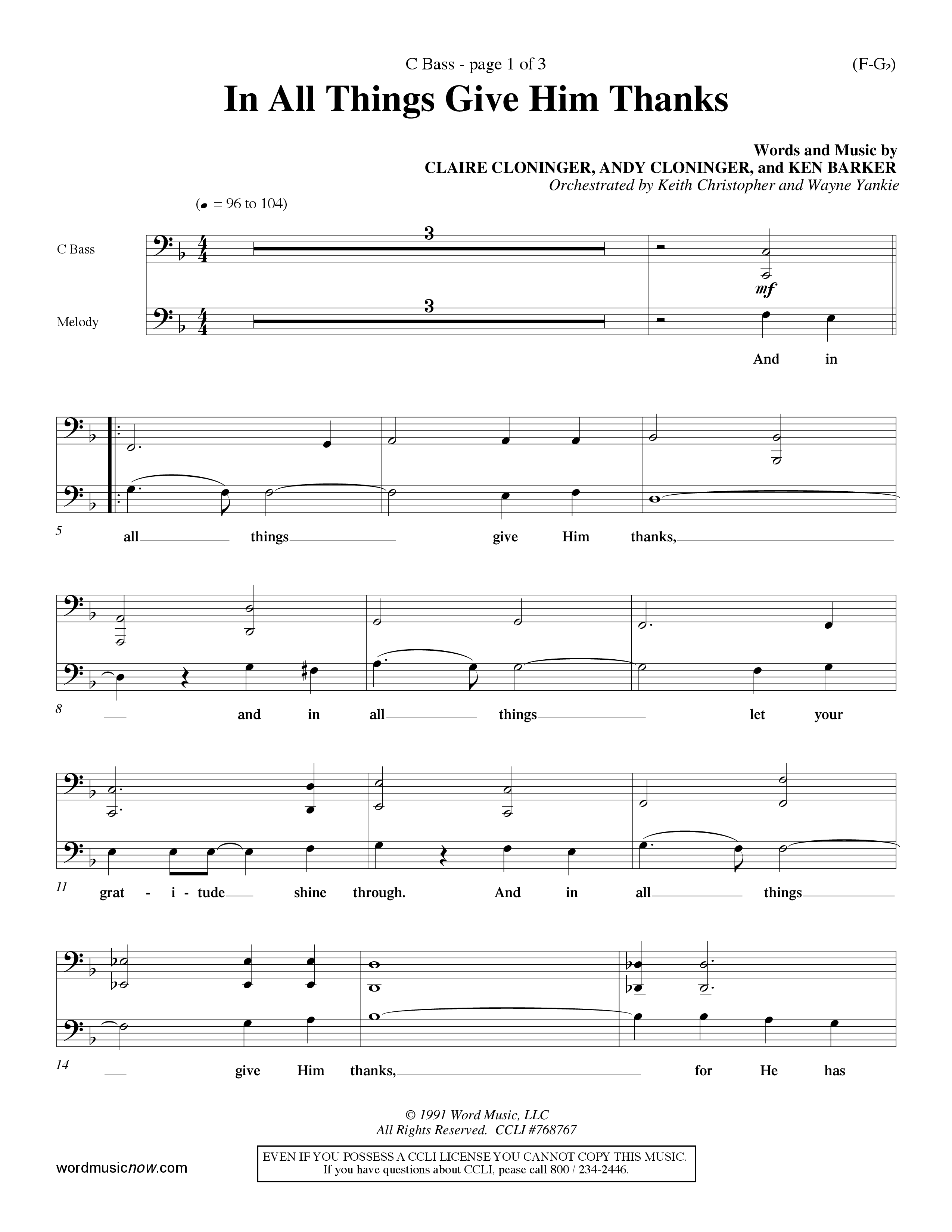 In All Things Give Him Thanks Contrabass (Word Music Choral / Orch. Keith Christopher / Orch. Wayne Yankie)