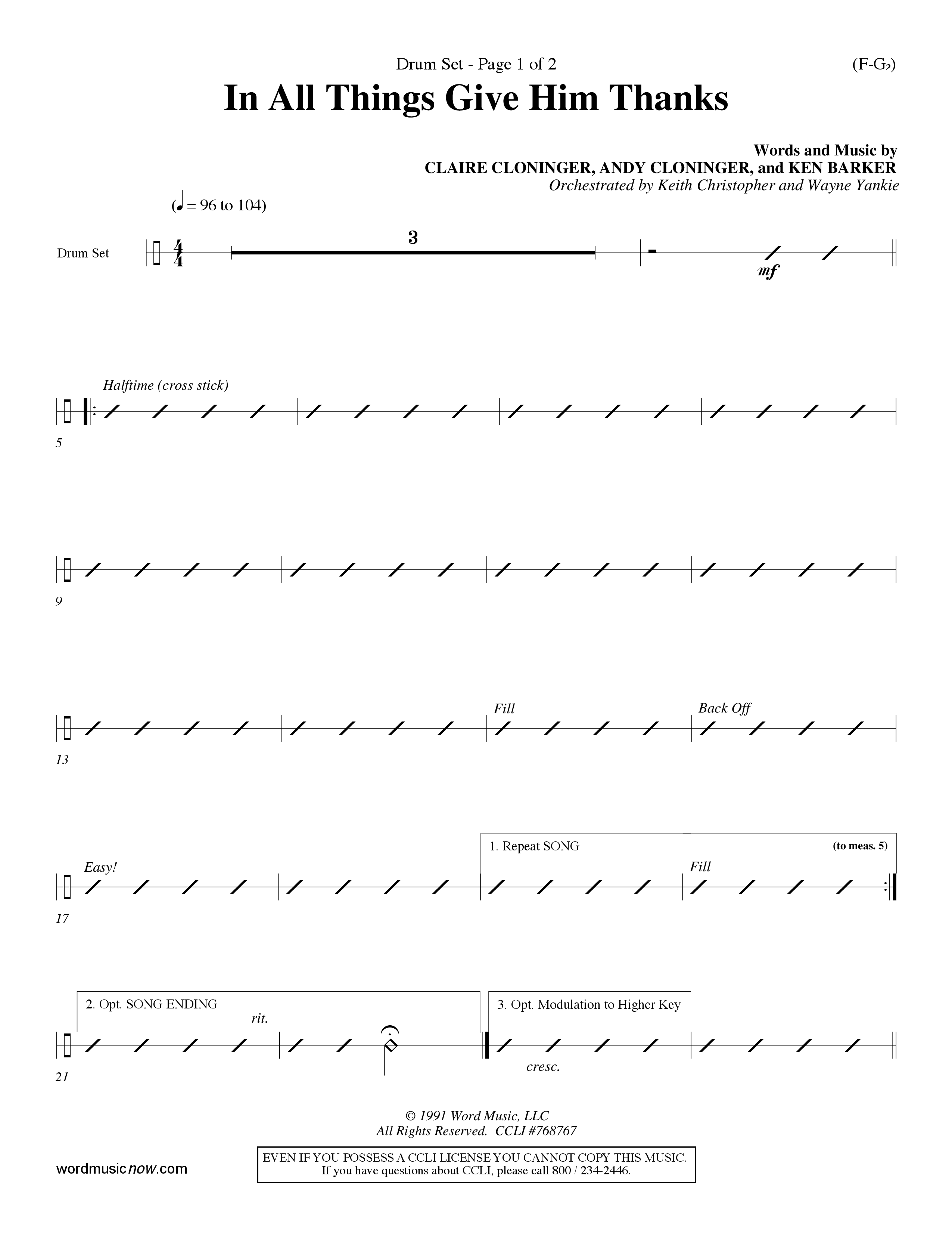 In All Things Give Him Thanks Drum Set (Word Music Choral / Orch. Keith Christopher / Orch. Wayne Yankie)