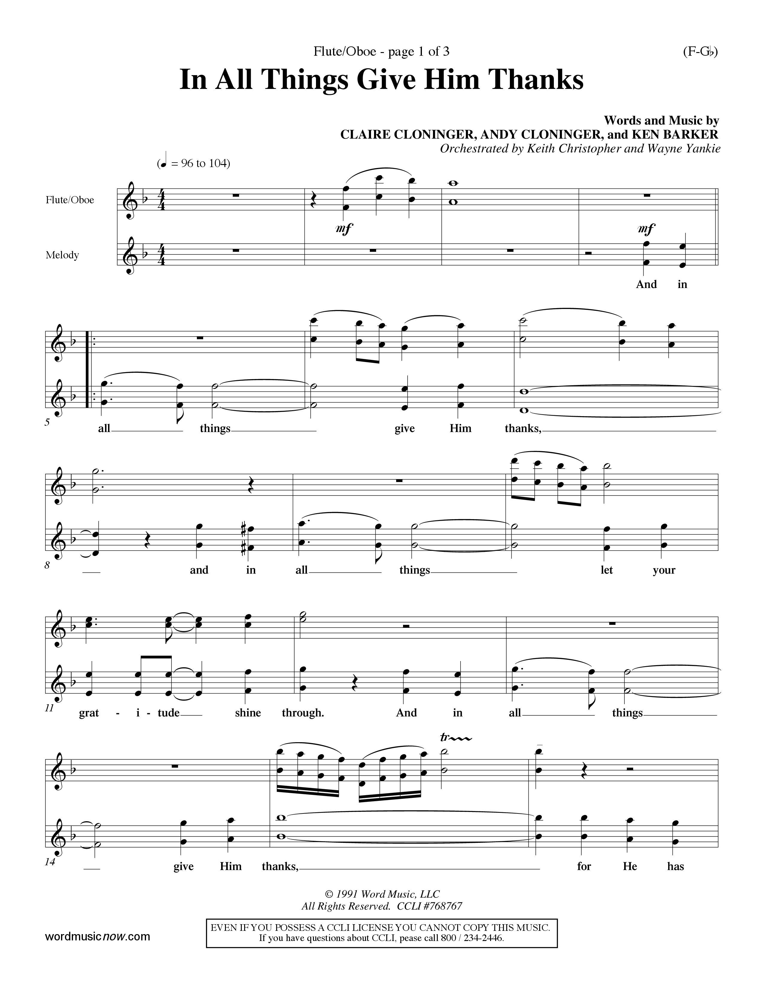 In All Things Give Him Thanks Flute/Oboe (Word Music Choral / Orch. Keith Christopher / Orch. Wayne Yankie)