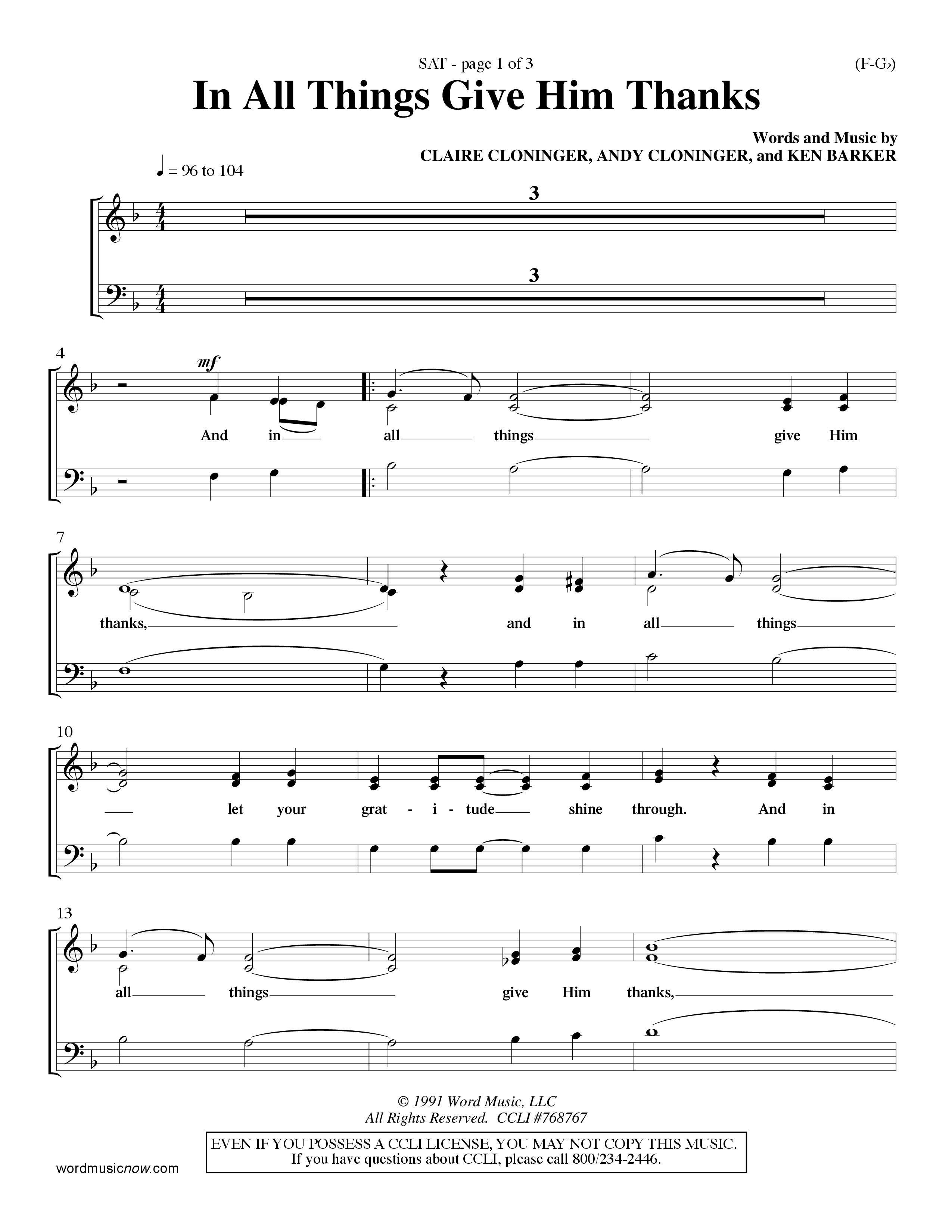In All Things Give Him Thanks Lead Sheet (SAT) (Word Music Choral / Orch. Keith Christopher / Orch. Wayne Yankie)