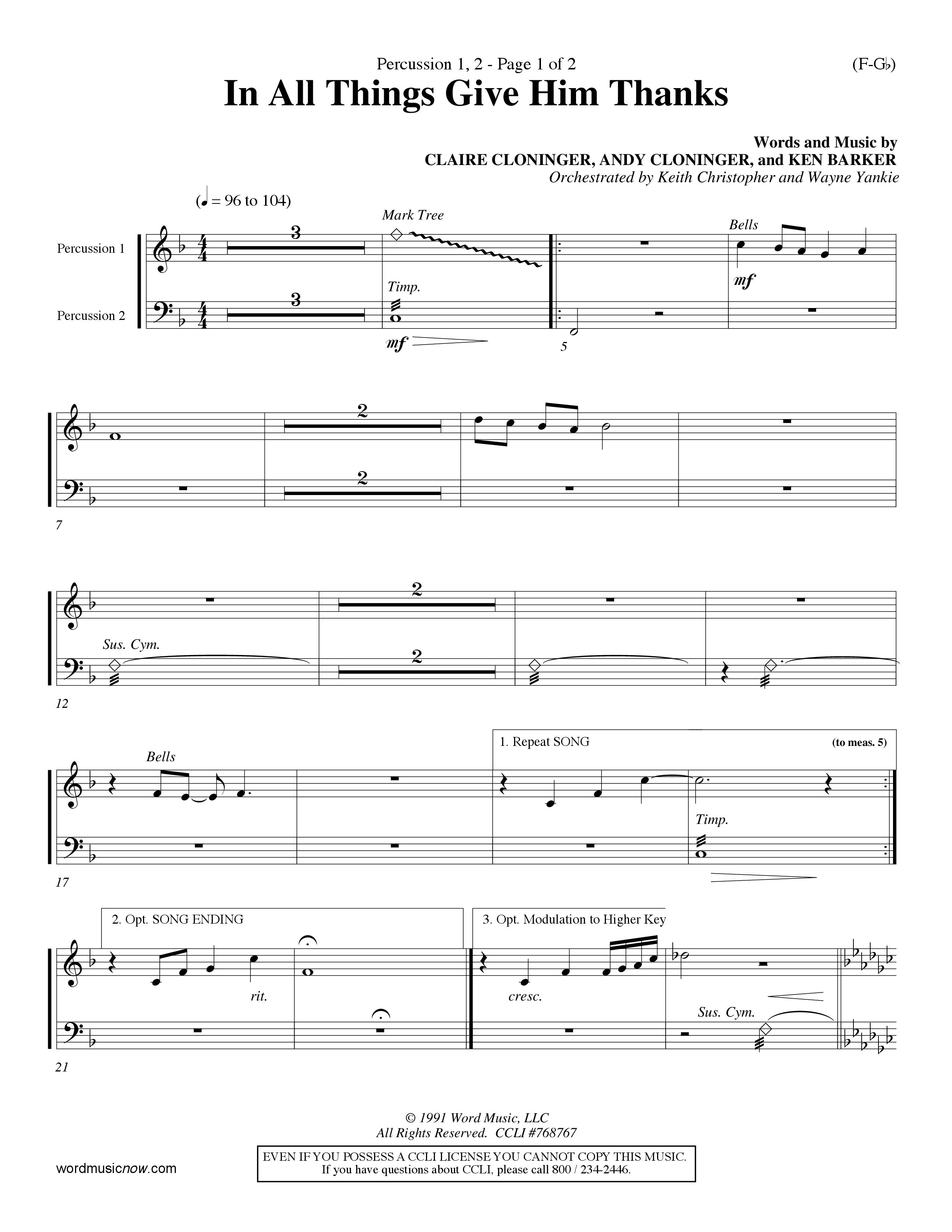 In All Things Give Him Thanks Percussion 1/2 (Word Music Choral / Orch. Keith Christopher / Orch. Wayne Yankie)