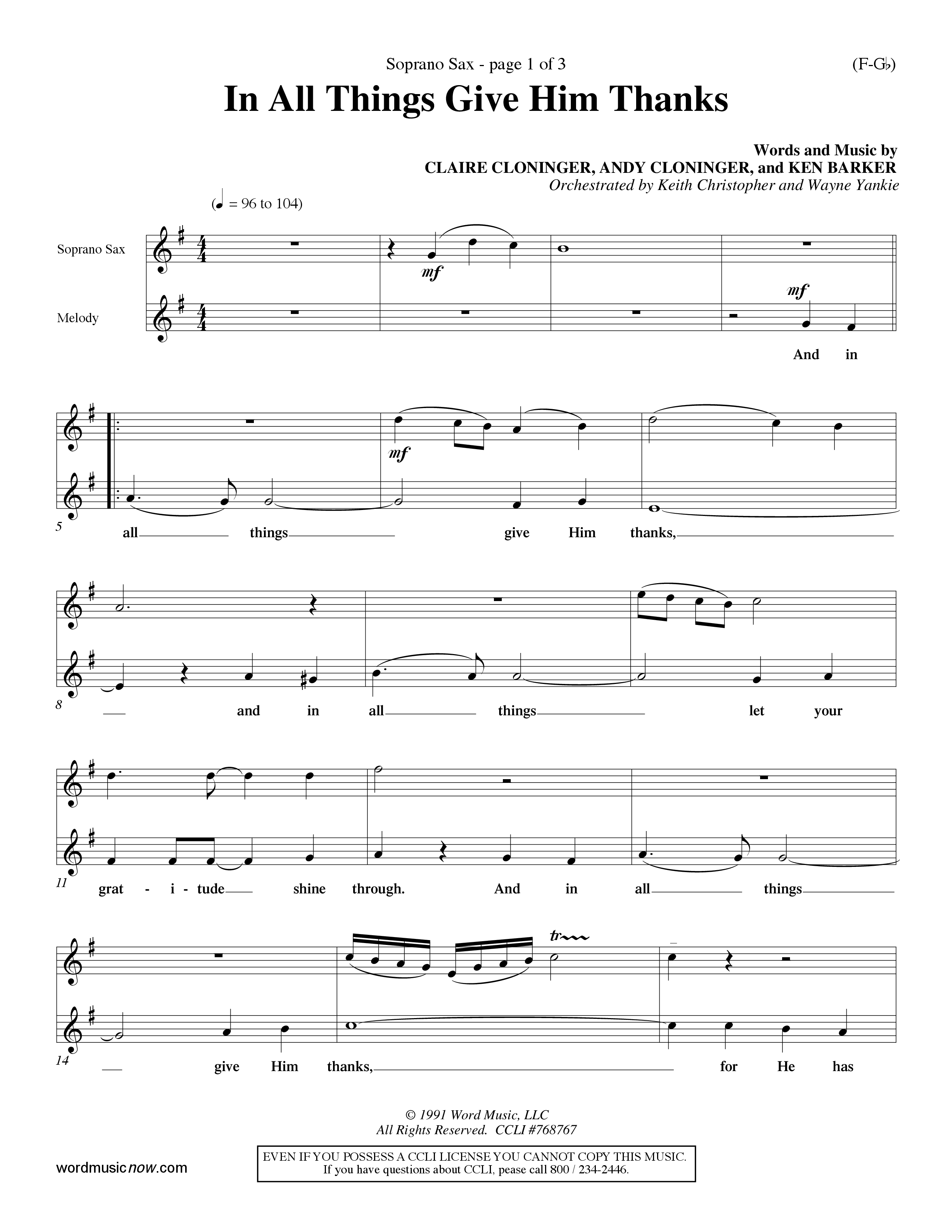 In All Things Give Him Thanks Saxophone (Word Music Choral / Orch. Keith Christopher / Orch. Wayne Yankie)