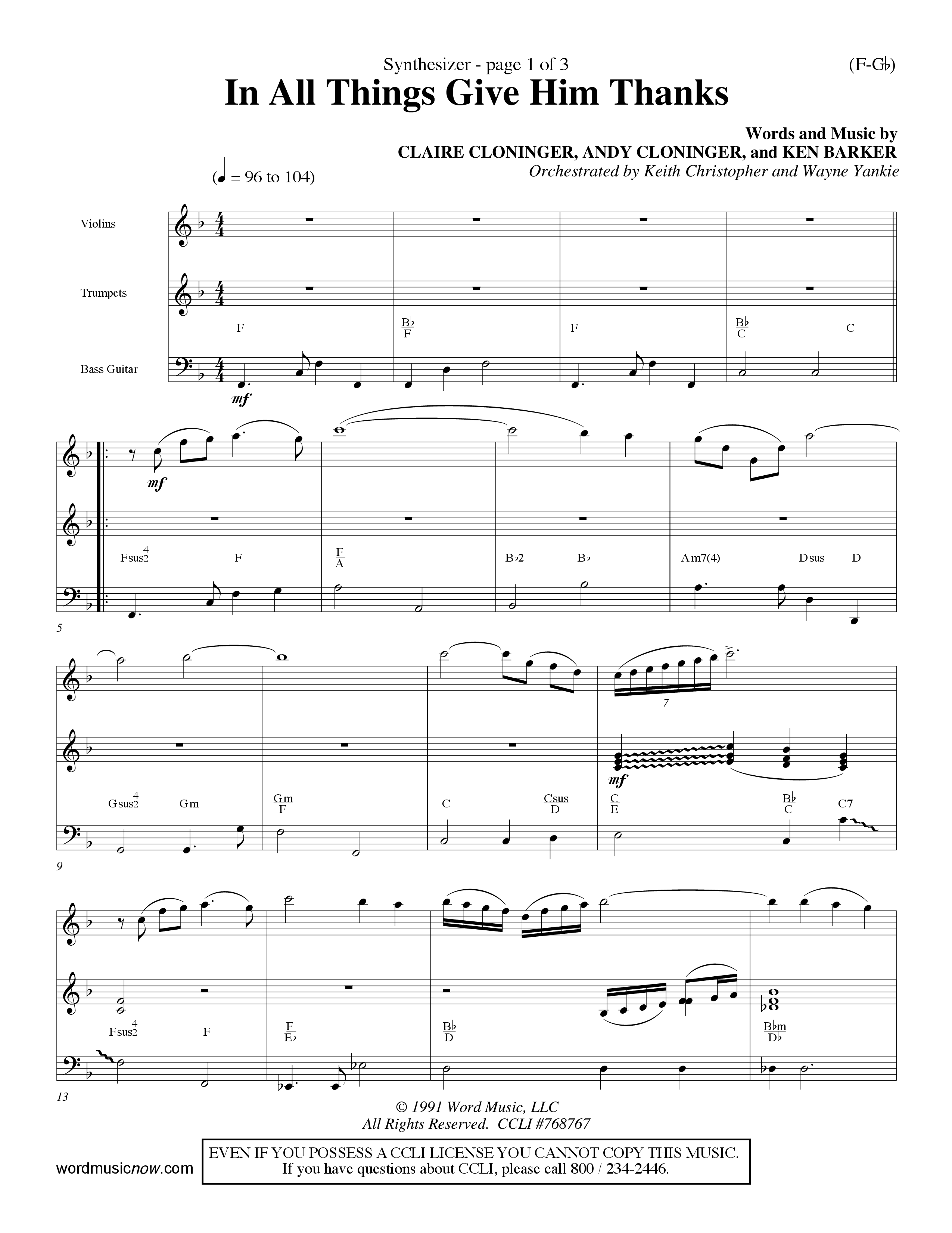 In All Things Give Him Thanks Synth (Word Music Choral / Orch. Keith Christopher / Orch. Wayne Yankie)