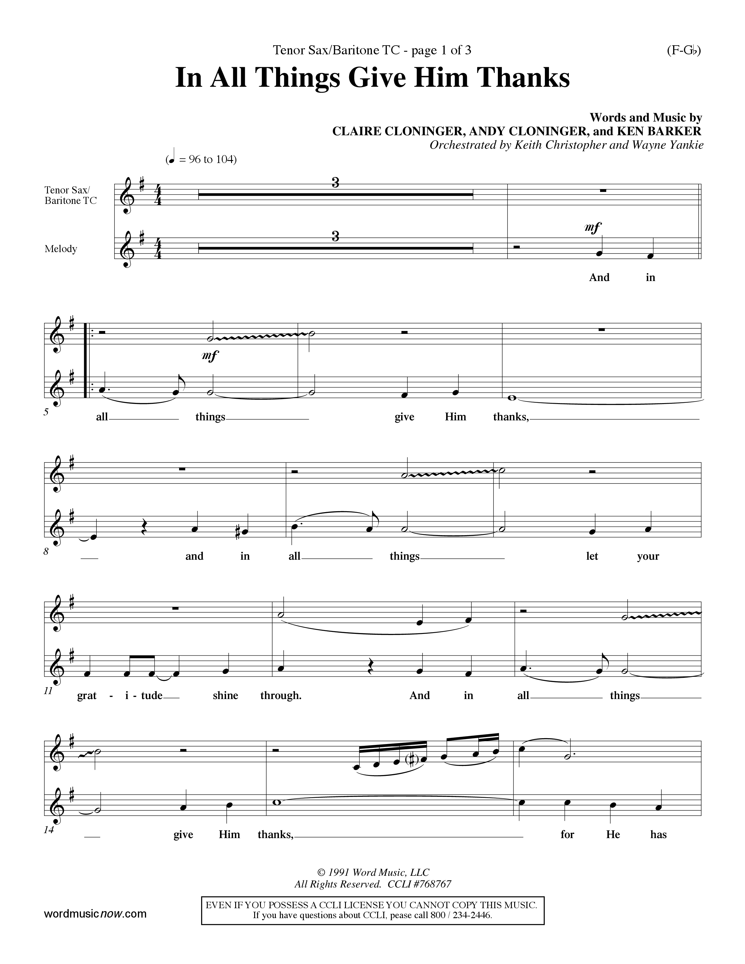 In All Things Give Him Thanks Tenor Sax/Baritone T.C. (Word Music Choral / Orch. Keith Christopher / Orch. Wayne Yankie)