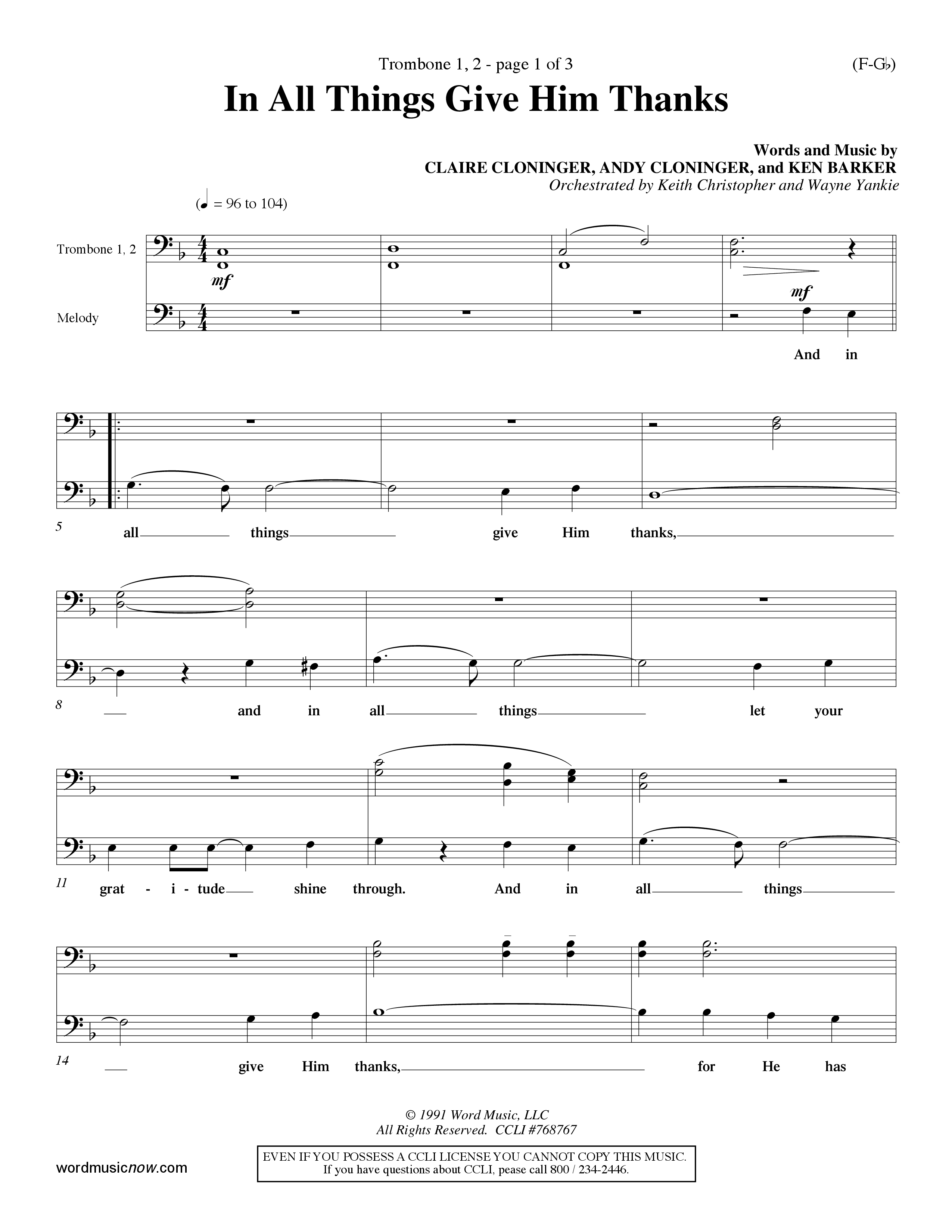 In All Things Give Him Thanks Trombone 1/2 (Word Music Choral / Orch. Keith Christopher / Orch. Wayne Yankie)