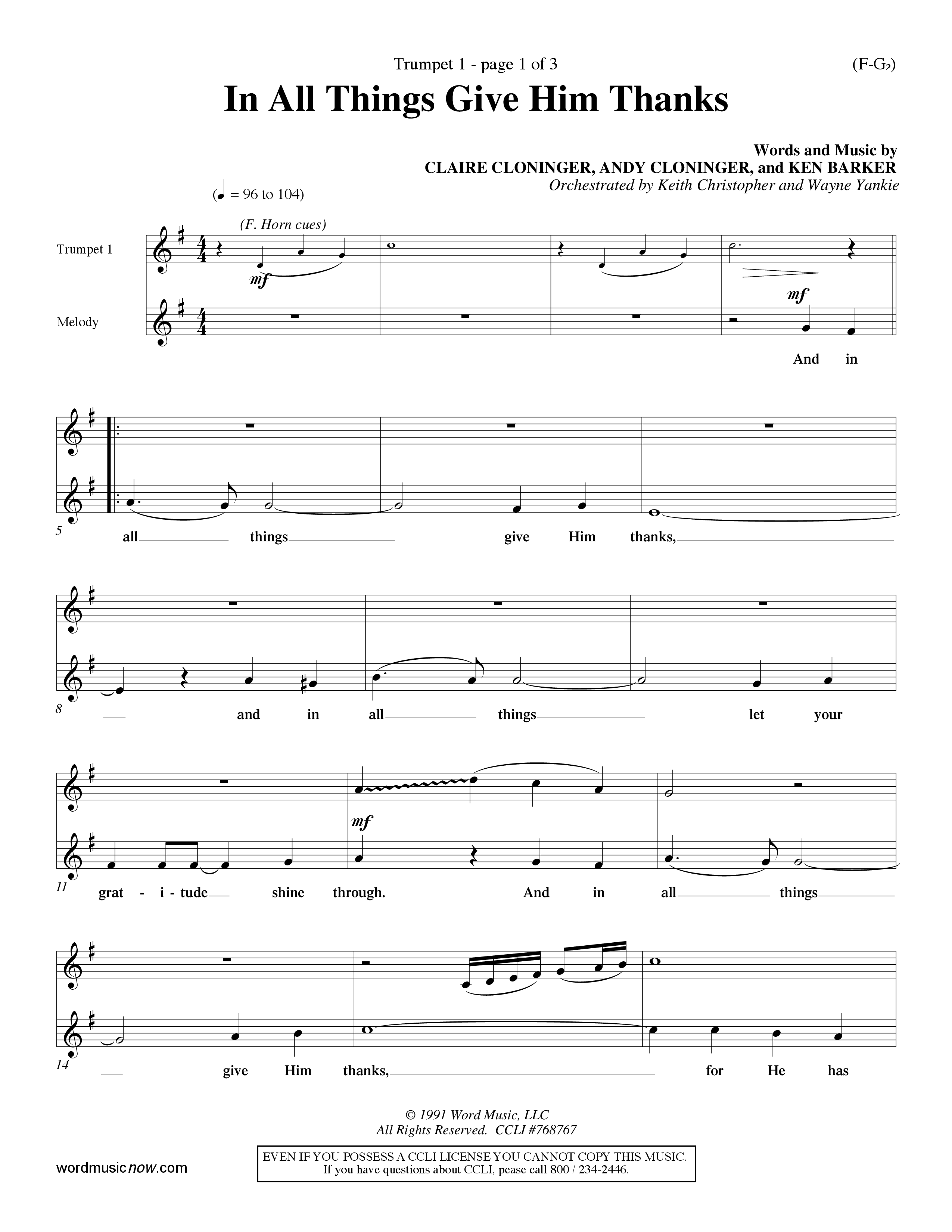 In All Things Give Him Thanks Trumpet 1 (Word Music Choral / Orch. Keith Christopher / Orch. Wayne Yankie)
