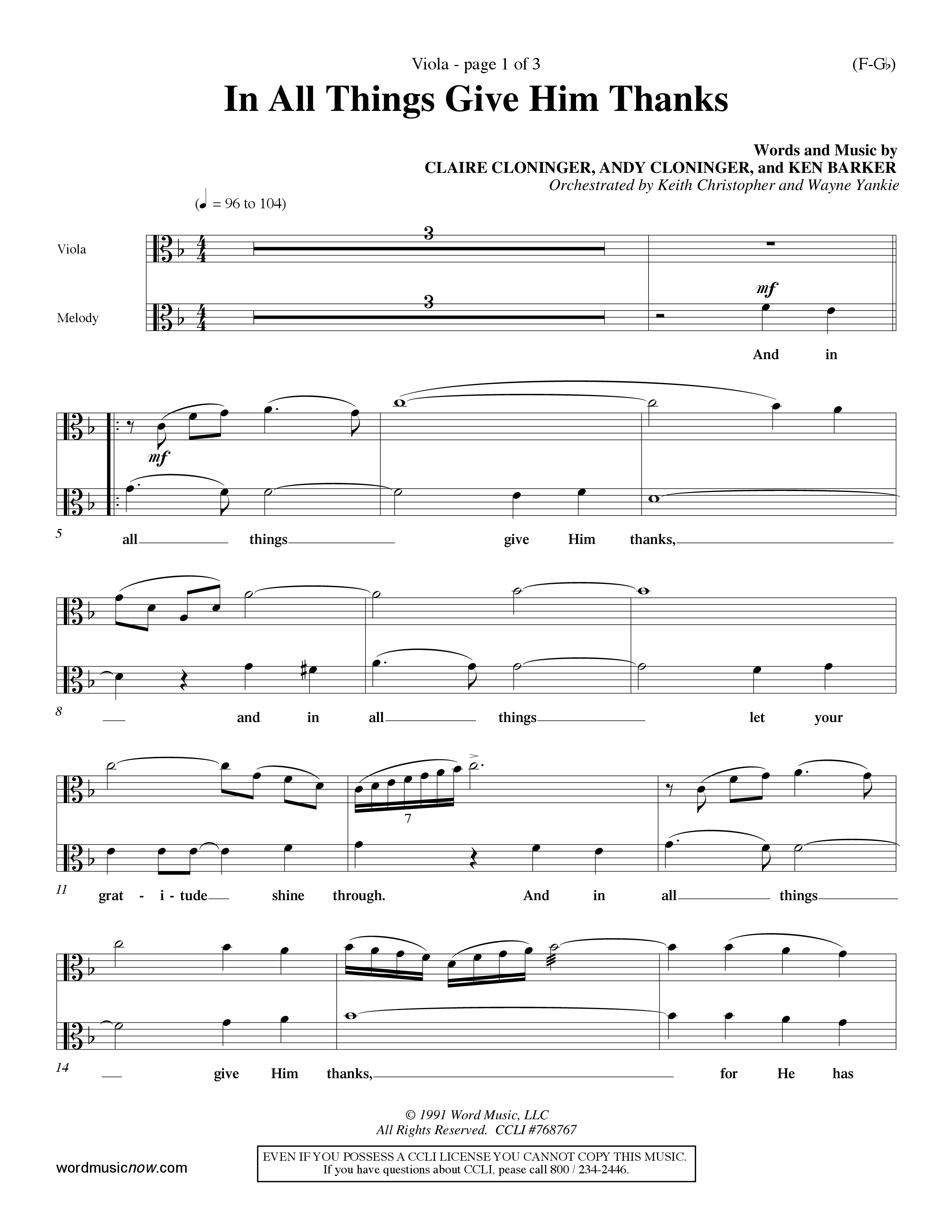 In All Things Give Him Thanks Viola (Word Music Choral / Orch. Keith Christopher / Orch. Wayne Yankie)