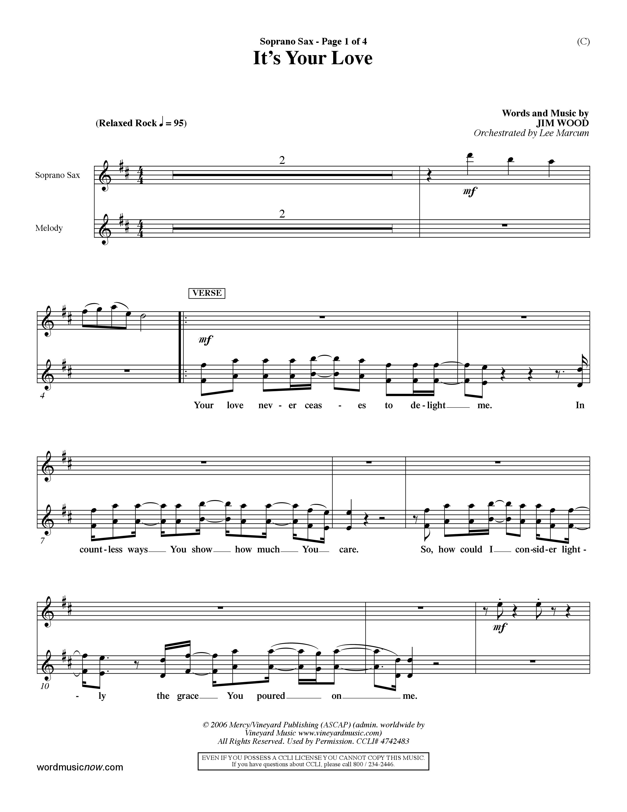 It's Your Love (Choral Anthem SATB) Saxophone (Word Music Choral / Orch. Lee Marcum)