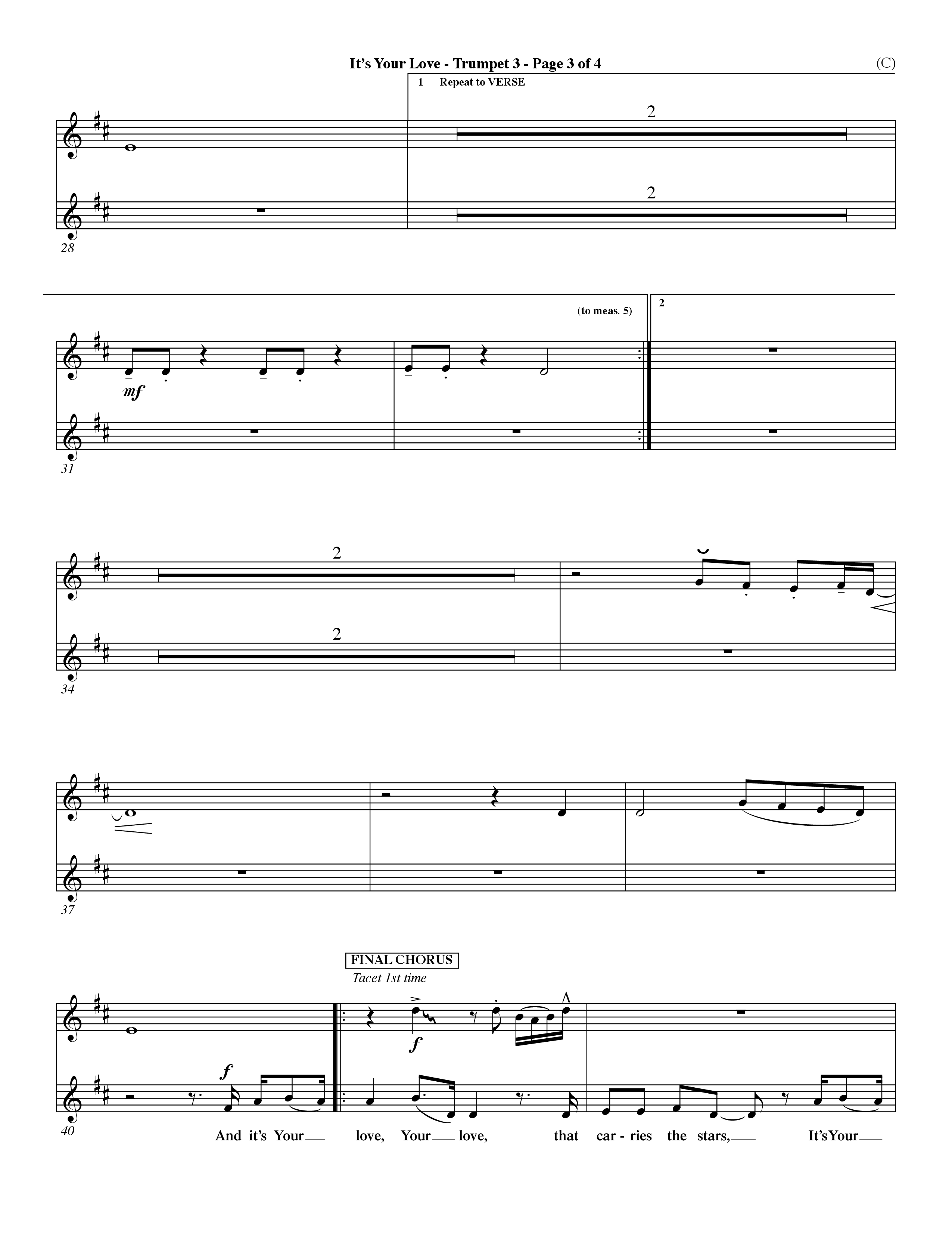It's Your Love (Choral Anthem SATB) Trumpet 3 (Word Music Choral / Orch. Lee Marcum)