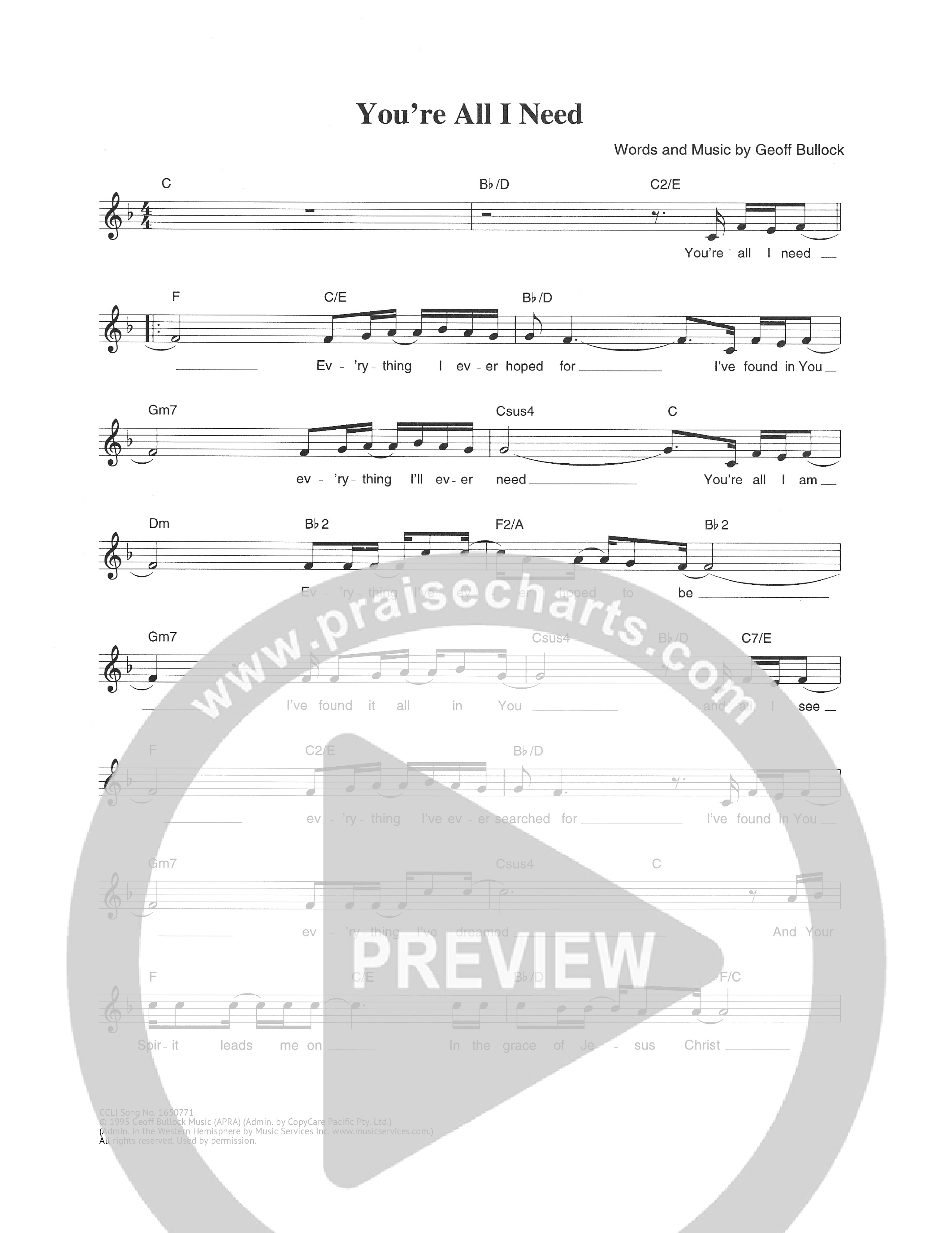 You're All I Need Lead Sheet Melody (Hillsong Worship)