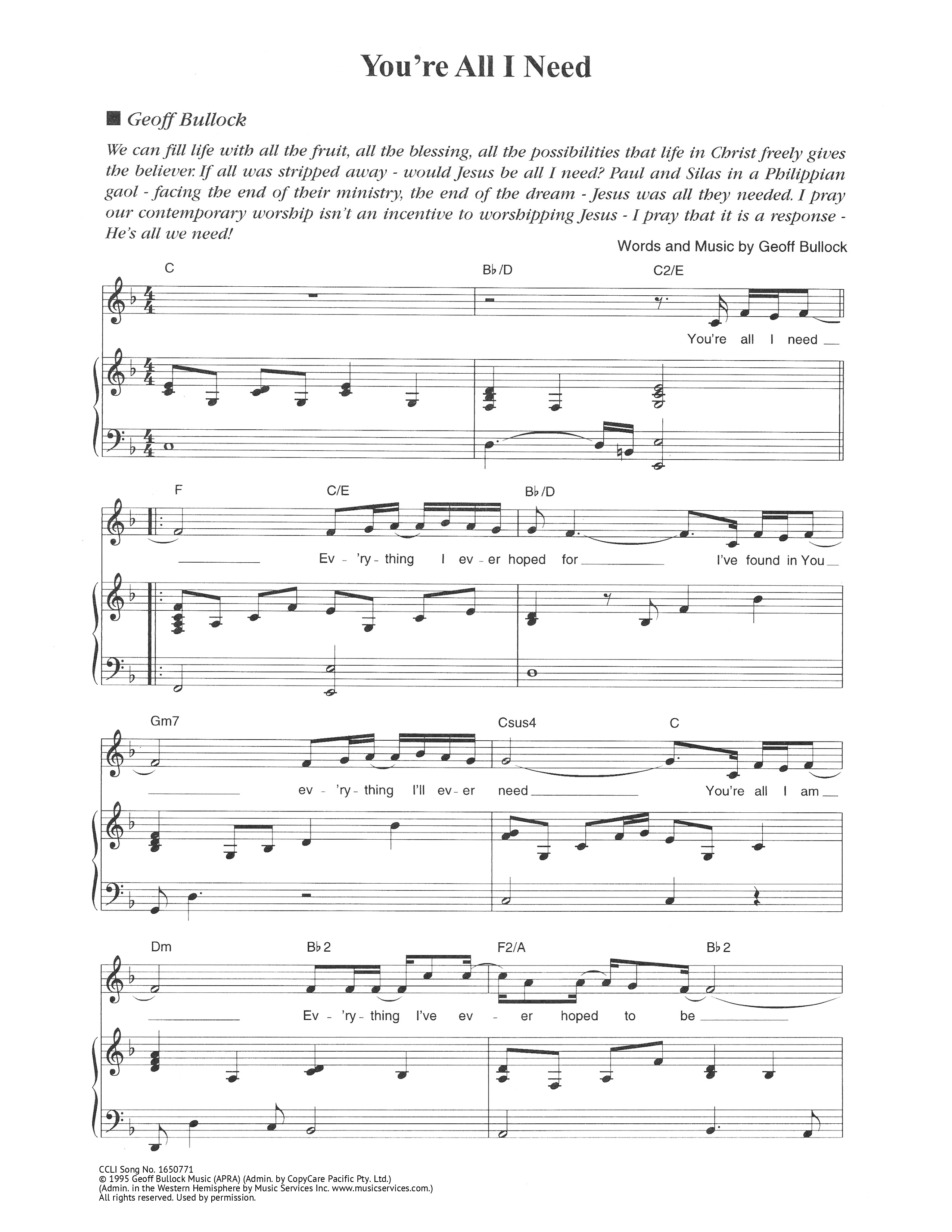 You're All I Need Piano/Melody (Hillsong Worship)