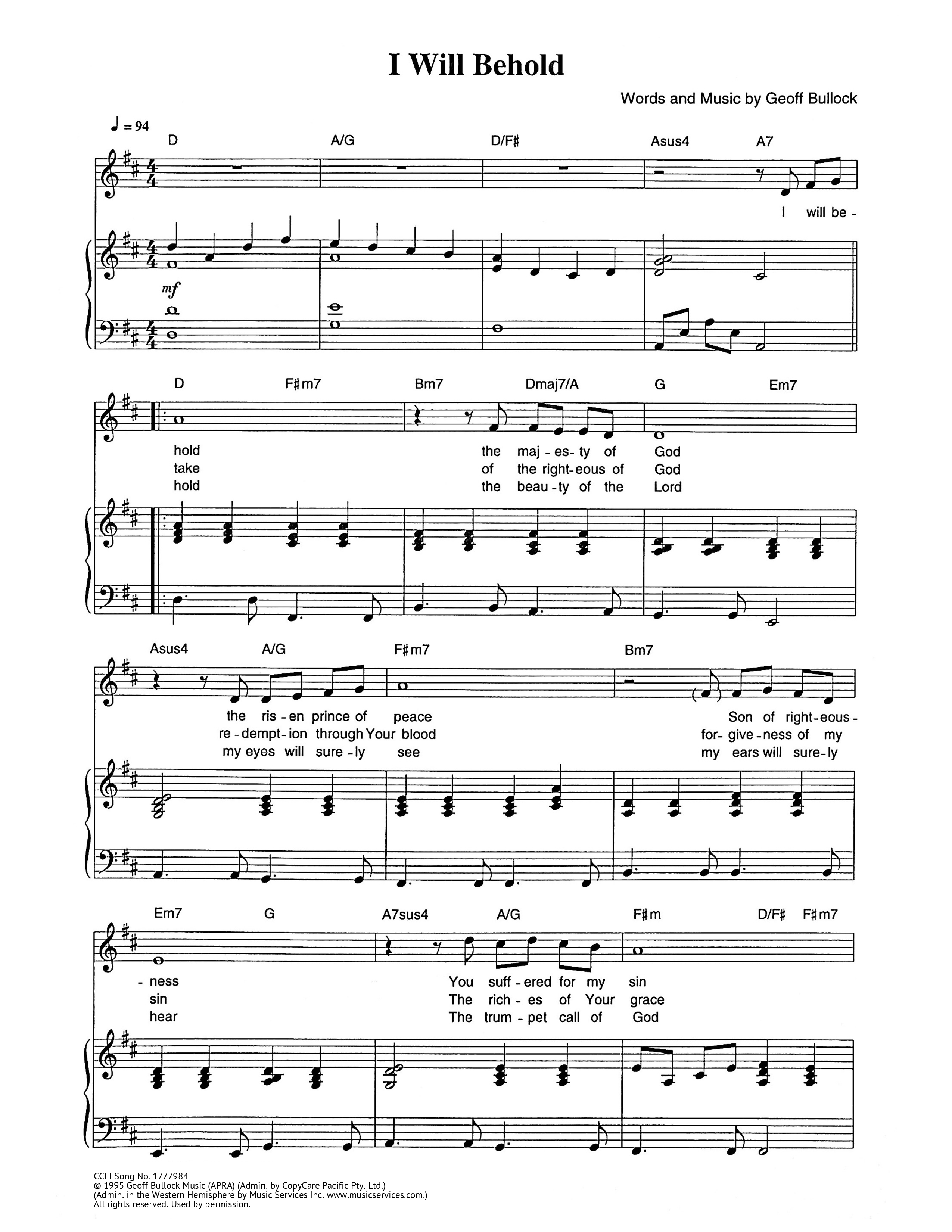 I Will Behold Piano/Melody (Geoff Bullock)