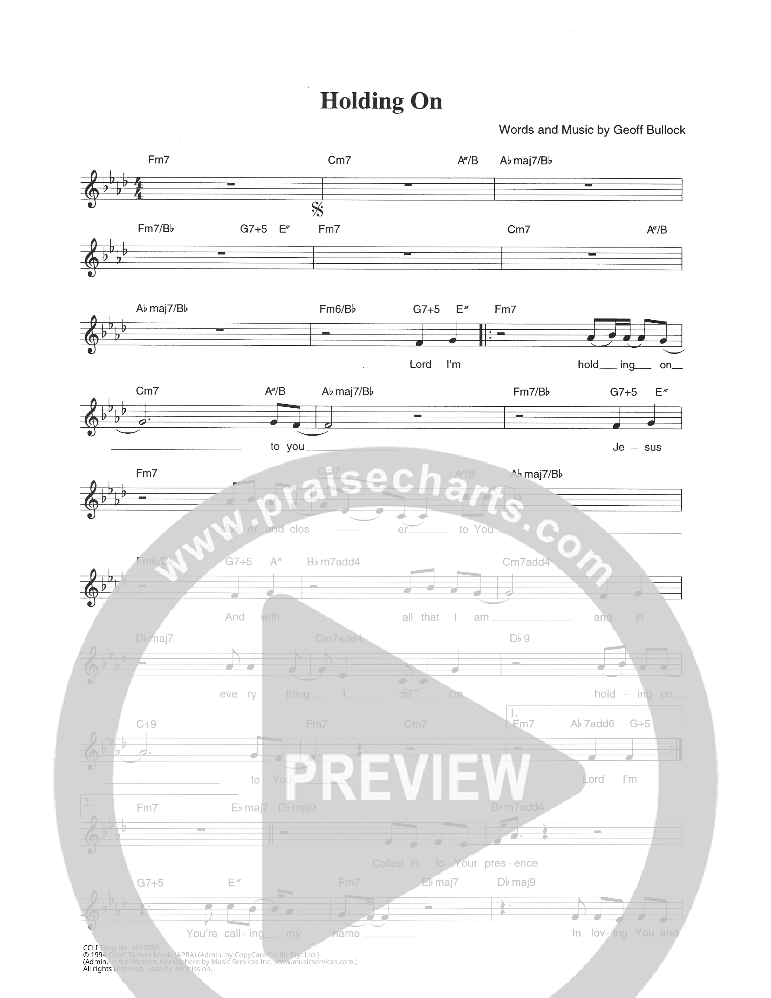 Holding On Lead Sheet Melody (Hillsong Worship)