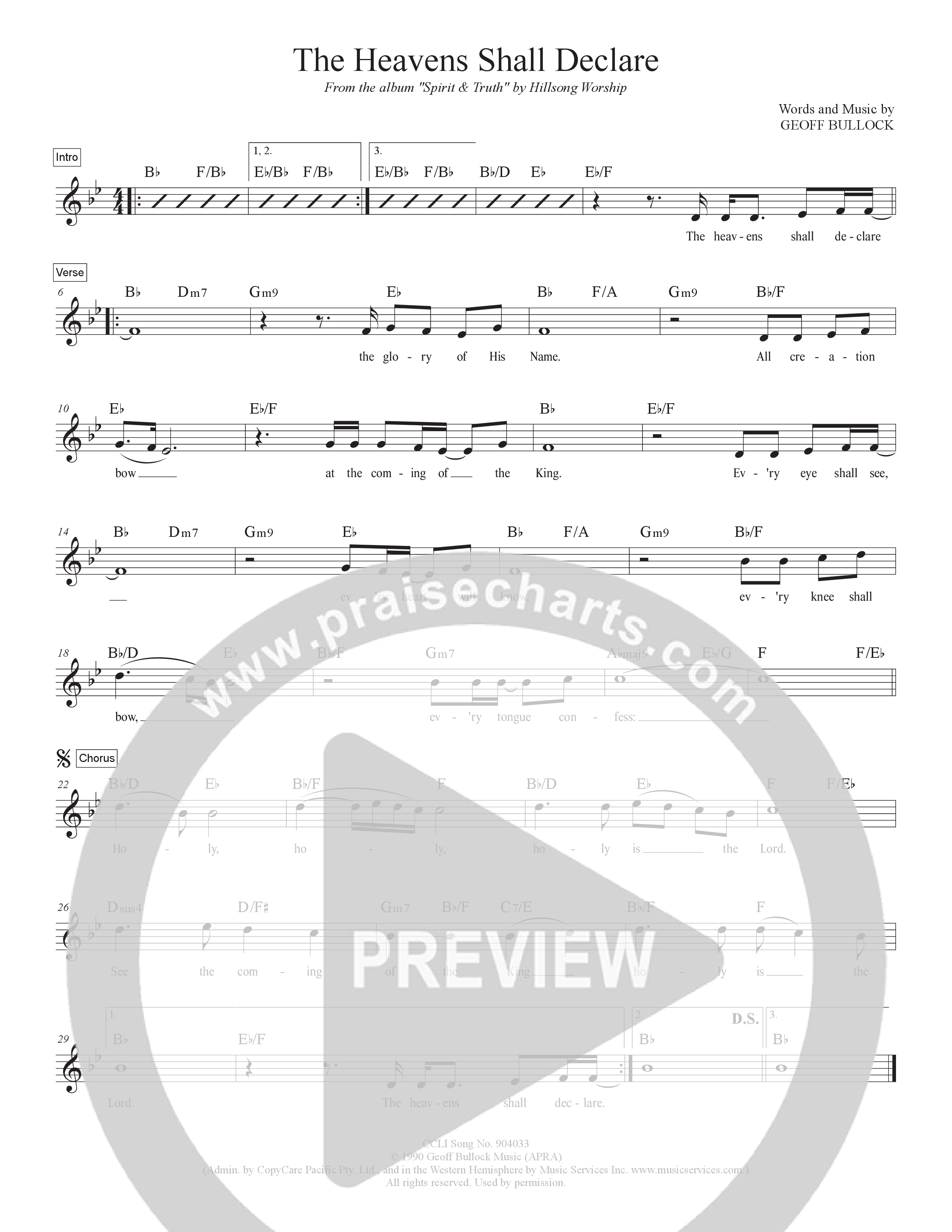 The Heavens Shall Declare Lead Sheet Melody (Hillsong Worship)