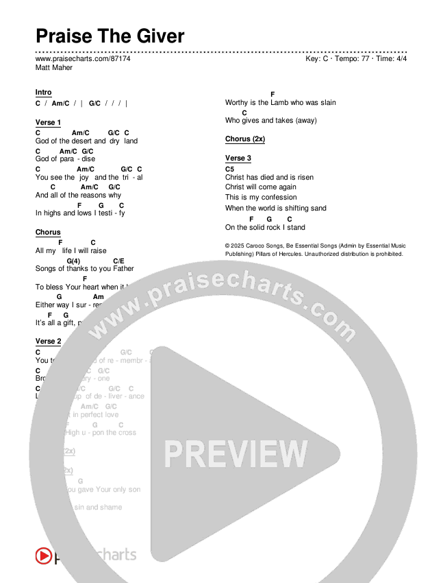 Praise The Giver Chords & Lyrics (Matt Maher)