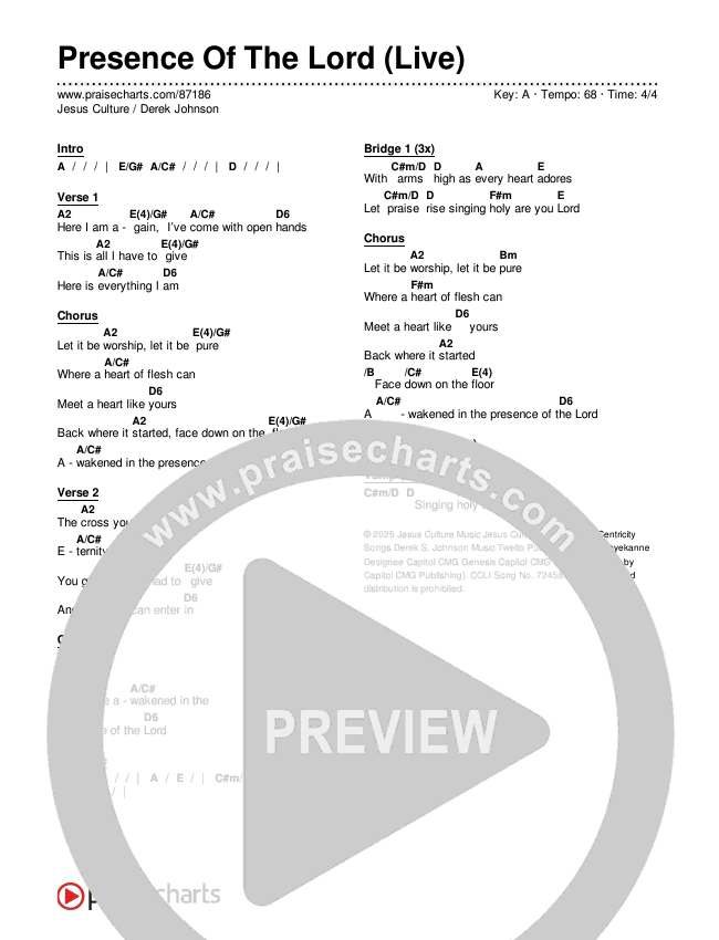 Presence Of The Lord (Live) Chords & Lyrics (Jesus Culture / Derek Johnson)