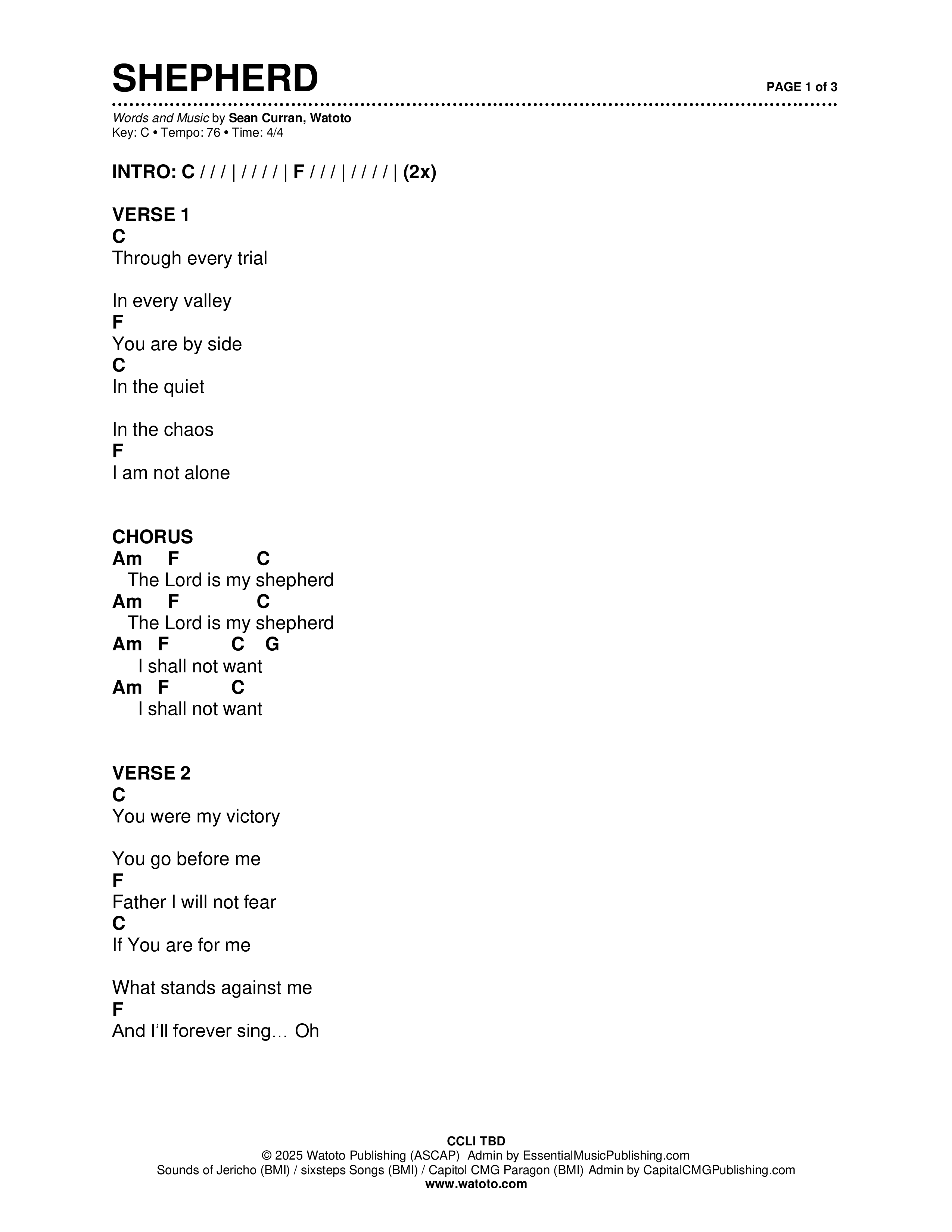 Shepherd (Live) Chord Chart (Brad & Rebekah / CCV Music / Watoto)