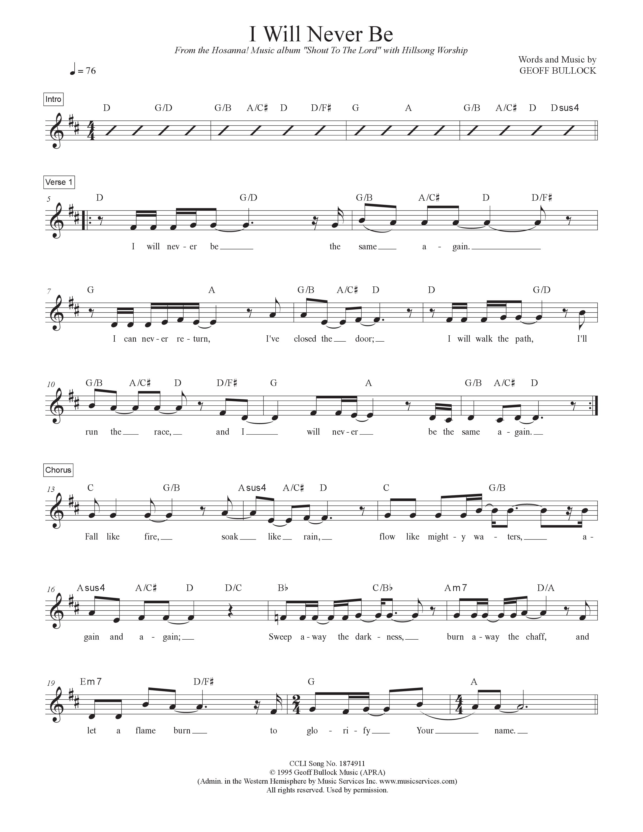 I Will Never Be Lead Sheet Melody (Hillsong Worship)