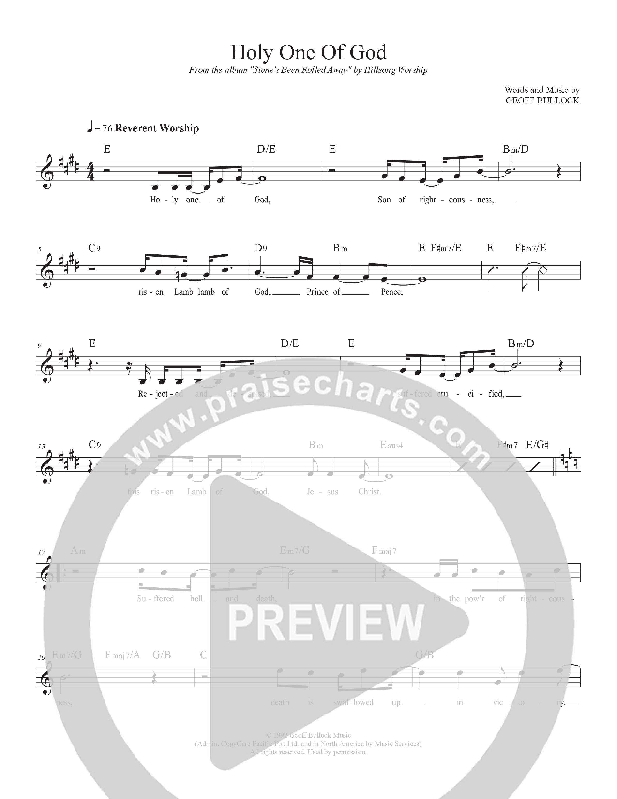 Holy One Of God Lead Sheet Melody (Hillsong Worship)