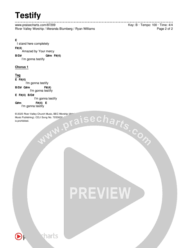Testify Chords & Lyrics (River Valley Worship / Meranda Blumberg / Ryan Williams)
