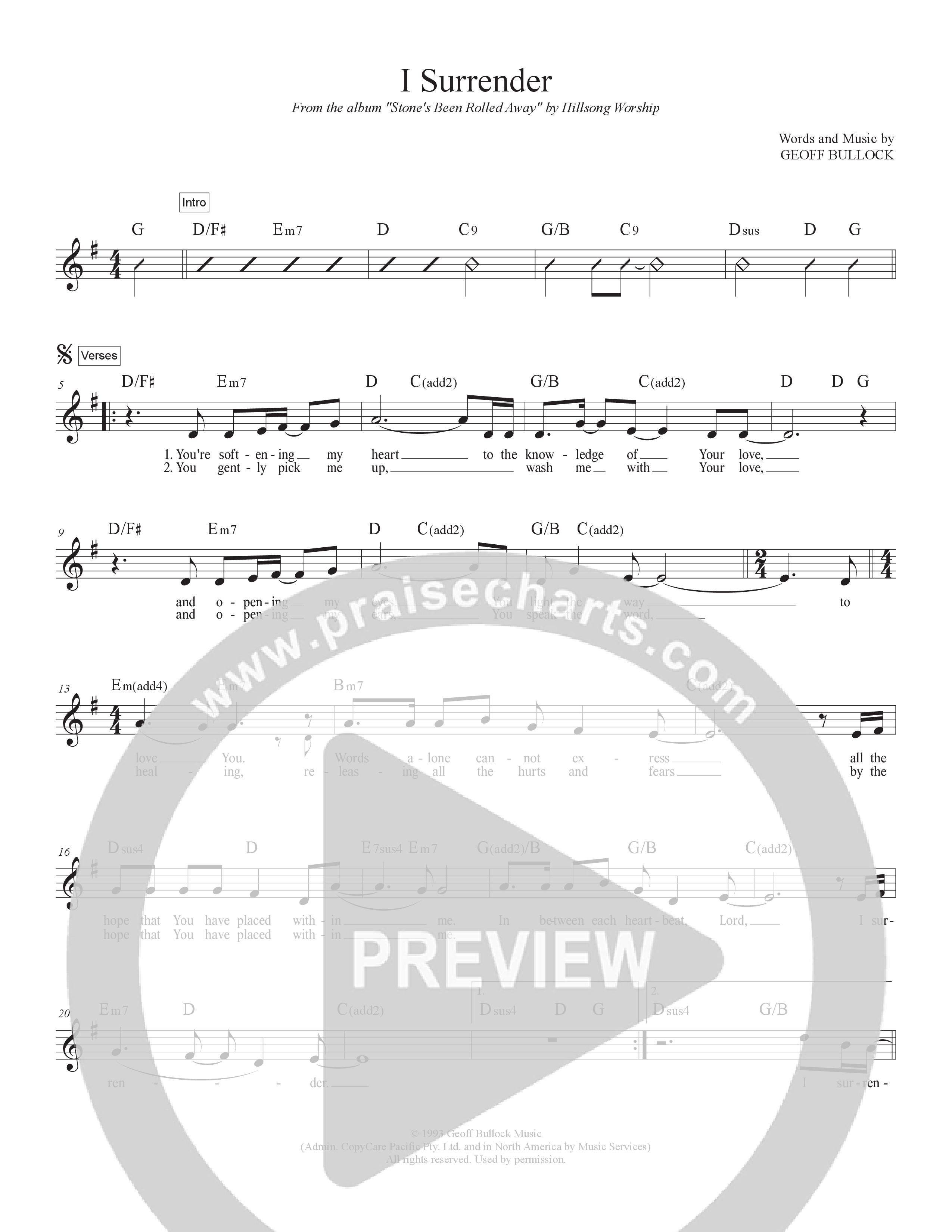 I Surrender Lead Sheet Melody (Hillsong Worship)