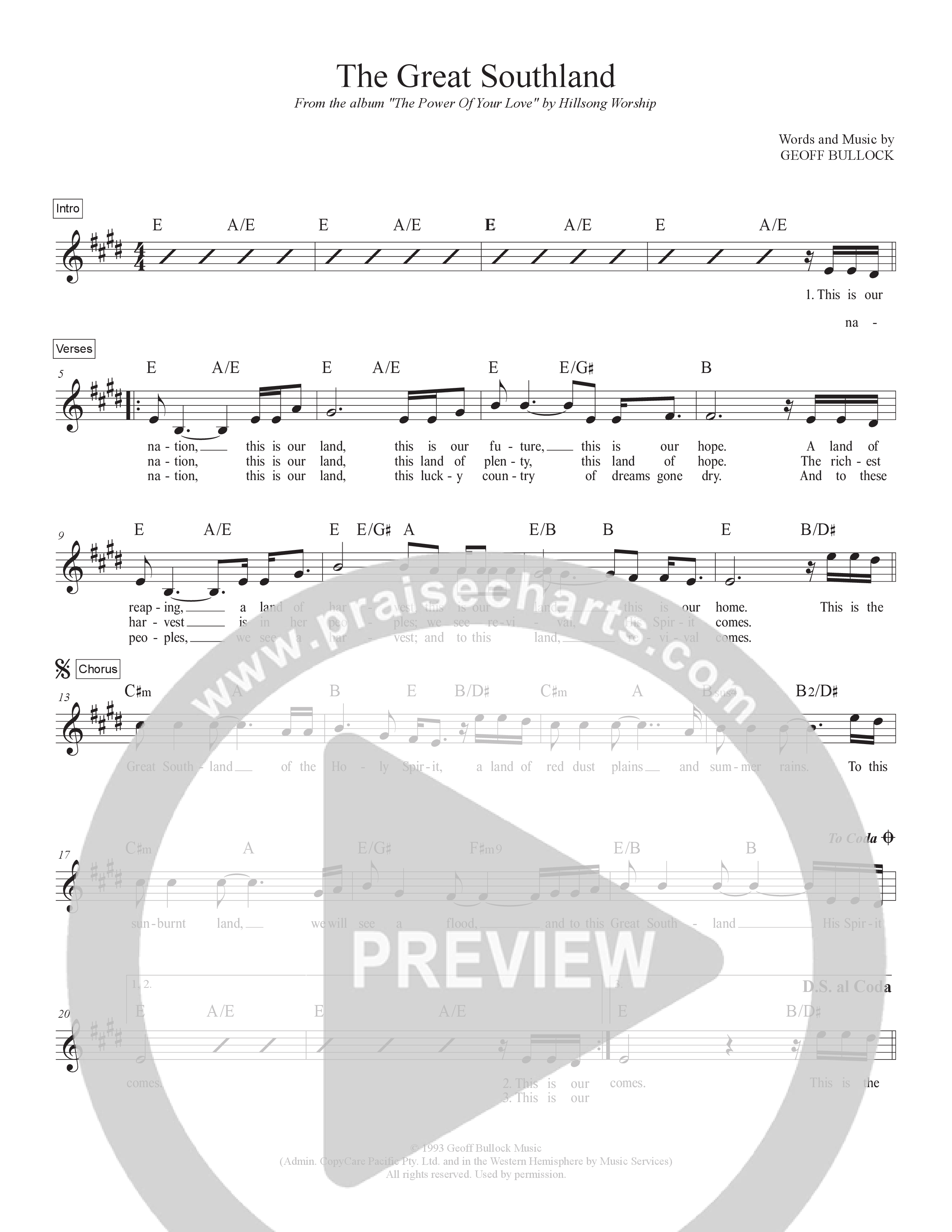 The Great Southland Lead Sheet Melody (Hillsong Worship)