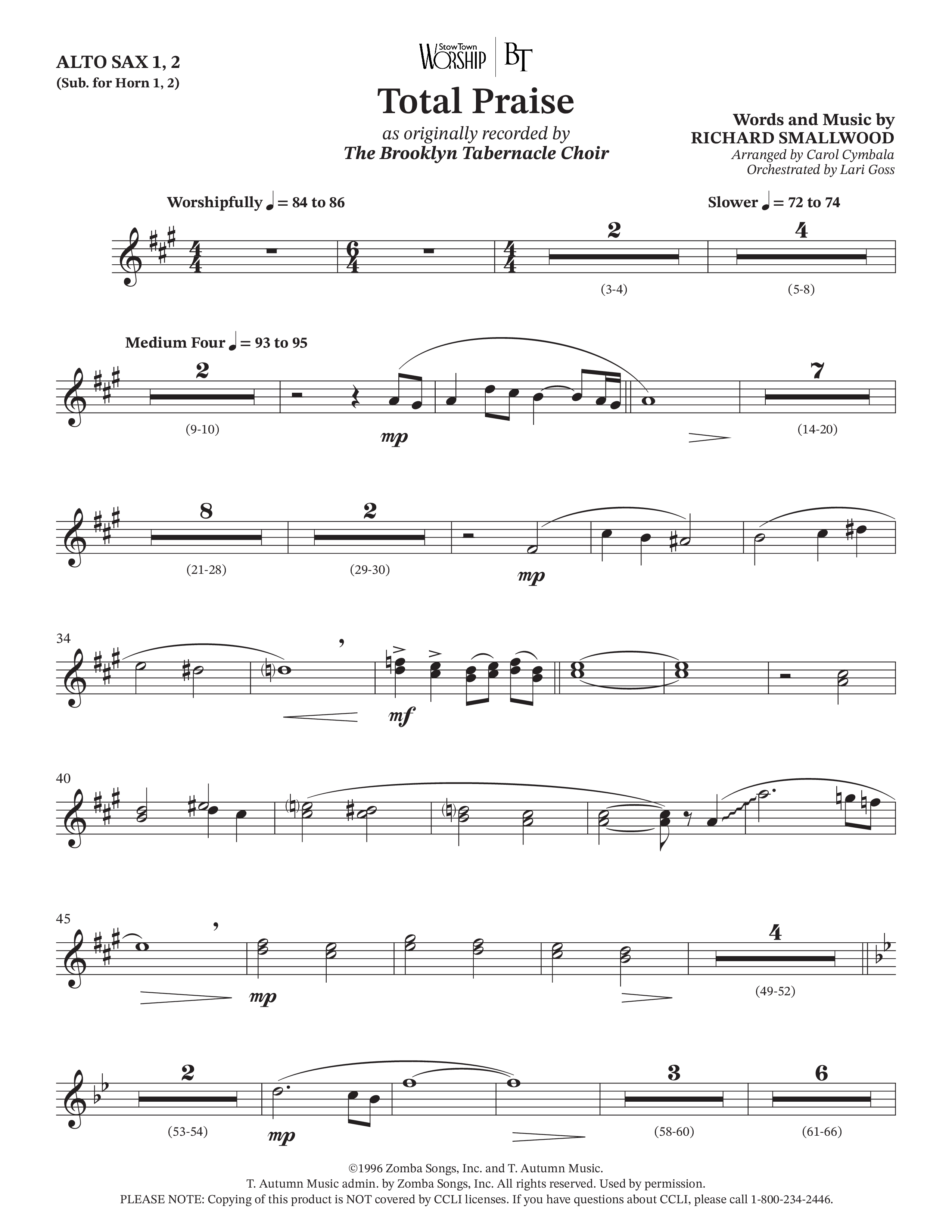 Total Praise (Choral Anthem SATB) Alto Sax 1/2 (The Brooklyn Tabernacle Choir / Arr. Carol Cymbala / Orch. Lari Goss)