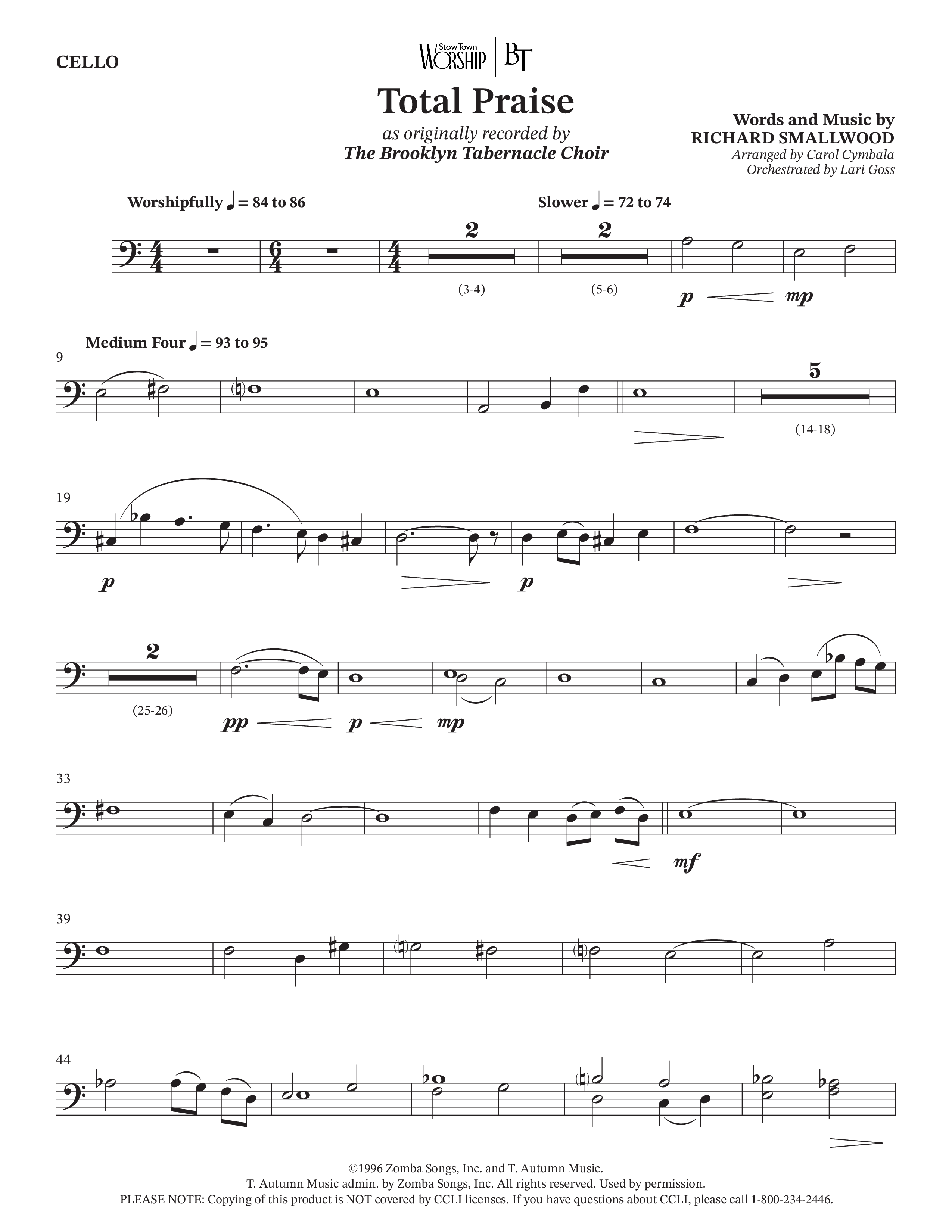 Total Praise (Choral Anthem SATB) Cello (The Brooklyn Tabernacle Choir / Arr. Carol Cymbala / Orch. Lari Goss)