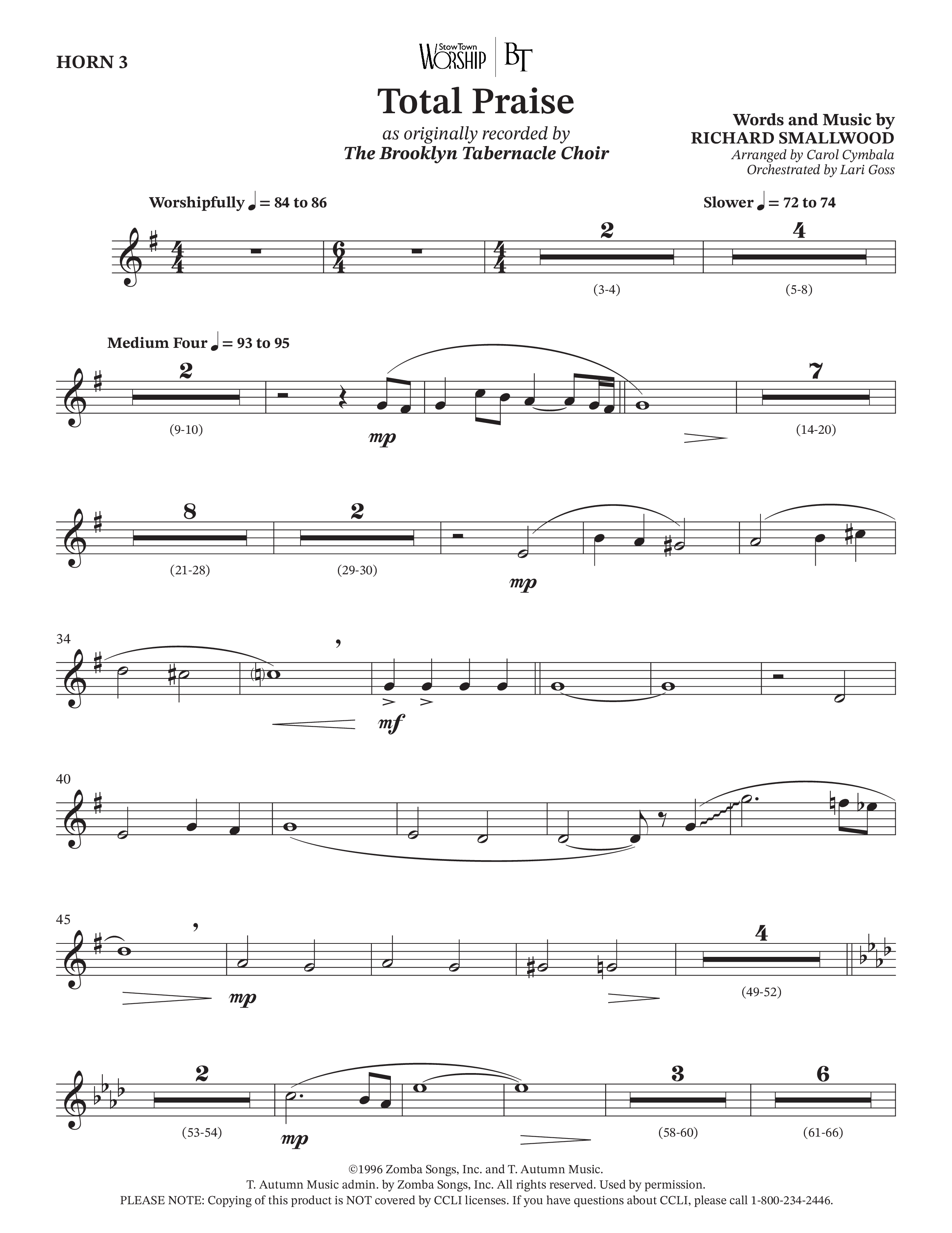 Total Praise (Choral Anthem SATB) French Horn 3 (The Brooklyn Tabernacle Choir / Arr. Carol Cymbala / Orch. Lari Goss)