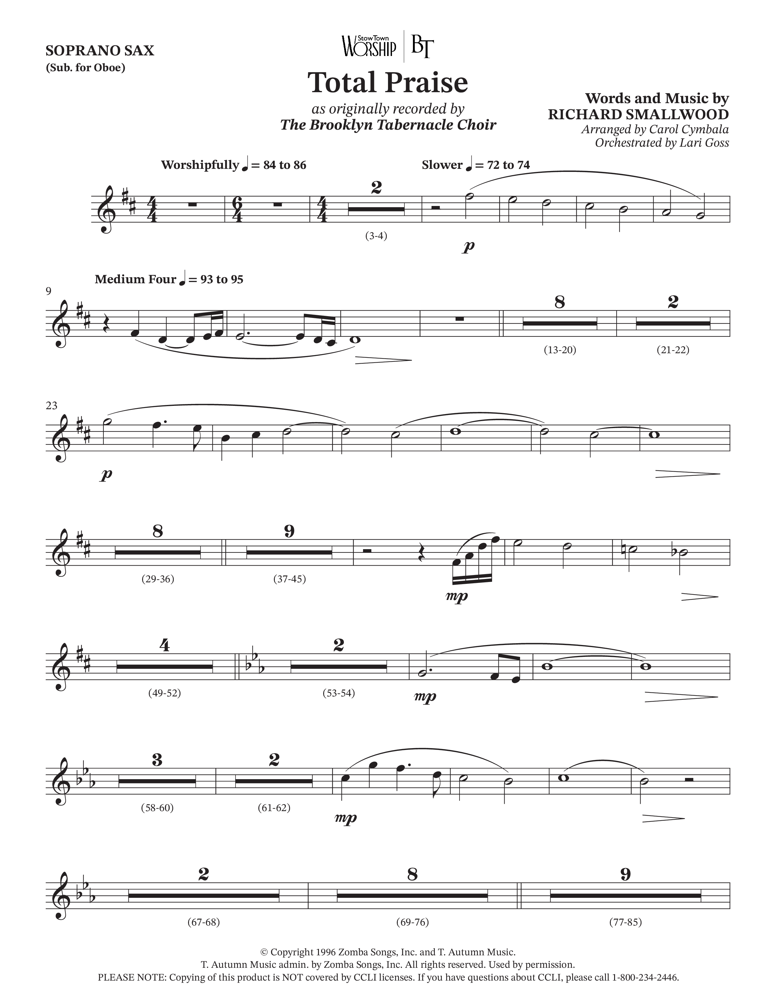 Total Praise (Choral Anthem SATB) Soprano Sax (The Brooklyn Tabernacle Choir / Arr. Carol Cymbala / Orch. Lari Goss)