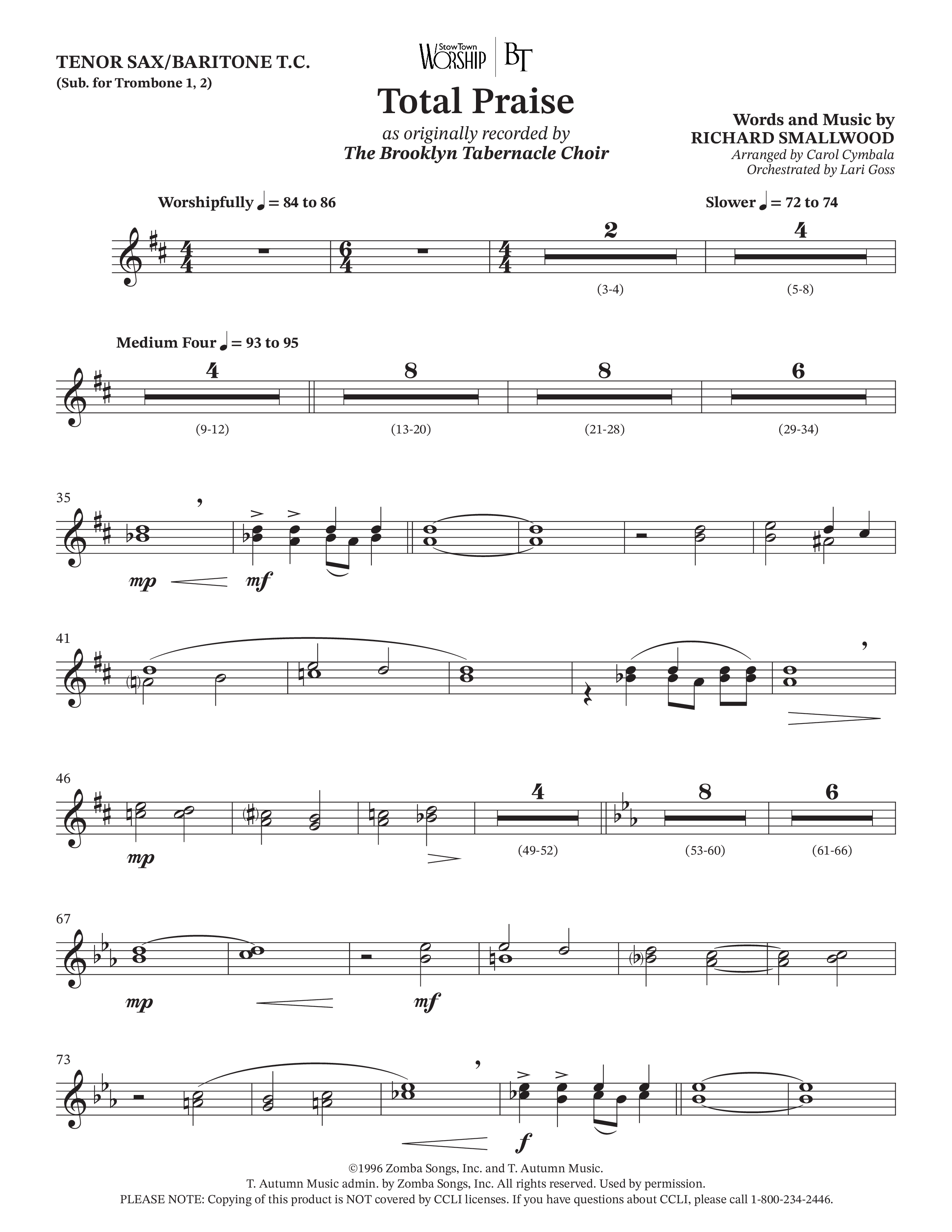 Total Praise (Choral Anthem SATB) Tenor Sax/Baritone T.C. (The Brooklyn Tabernacle Choir / Arr. Carol Cymbala / Orch. Lari Goss)
