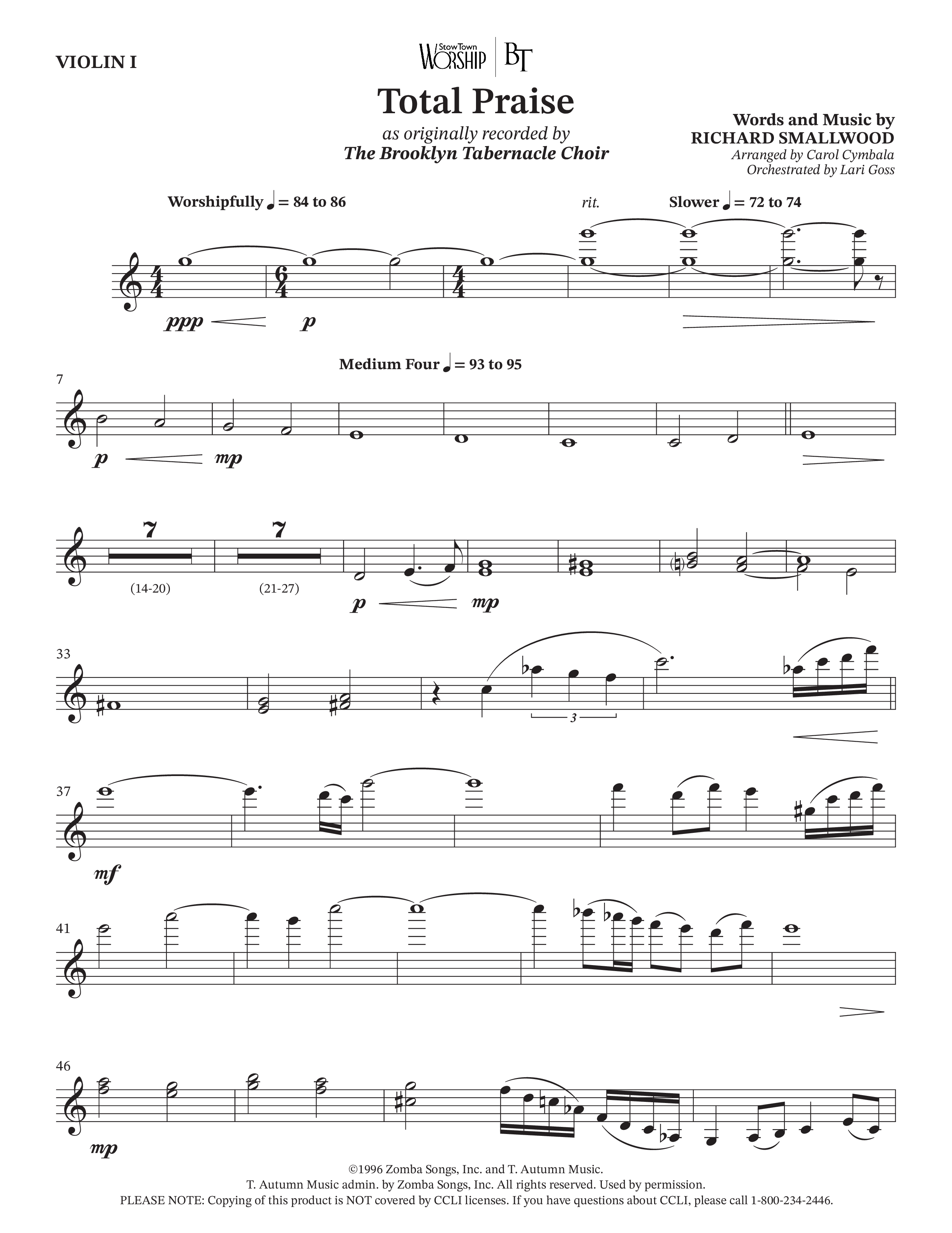 Total Praise (Choral Anthem SATB) Violin 1 (The Brooklyn Tabernacle Choir / Arr. Carol Cymbala / Orch. Lari Goss)
