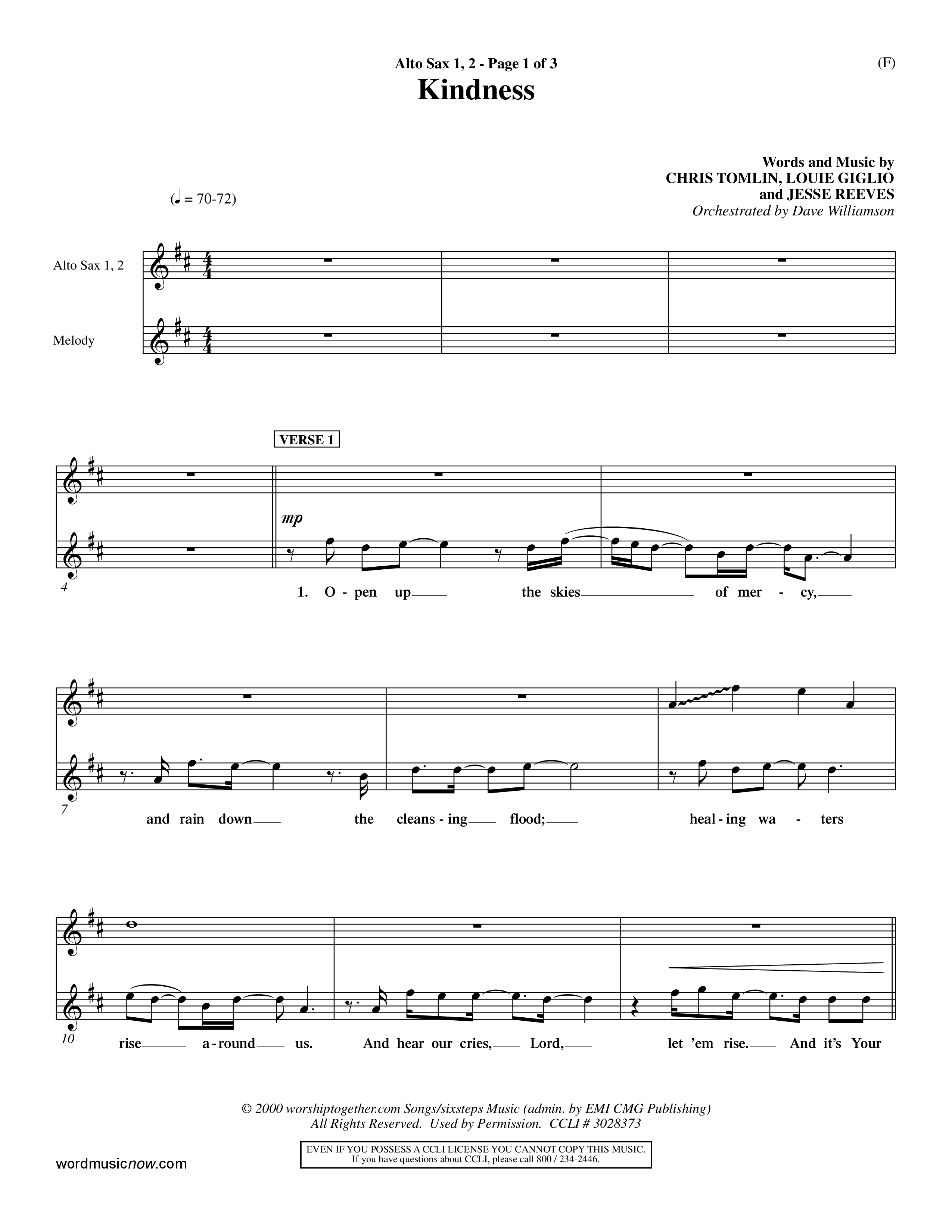 Kindness (Choral Anthem SATB) Alto Sax 1/2 (Word Music Choral / Arr. Dave Williamson)