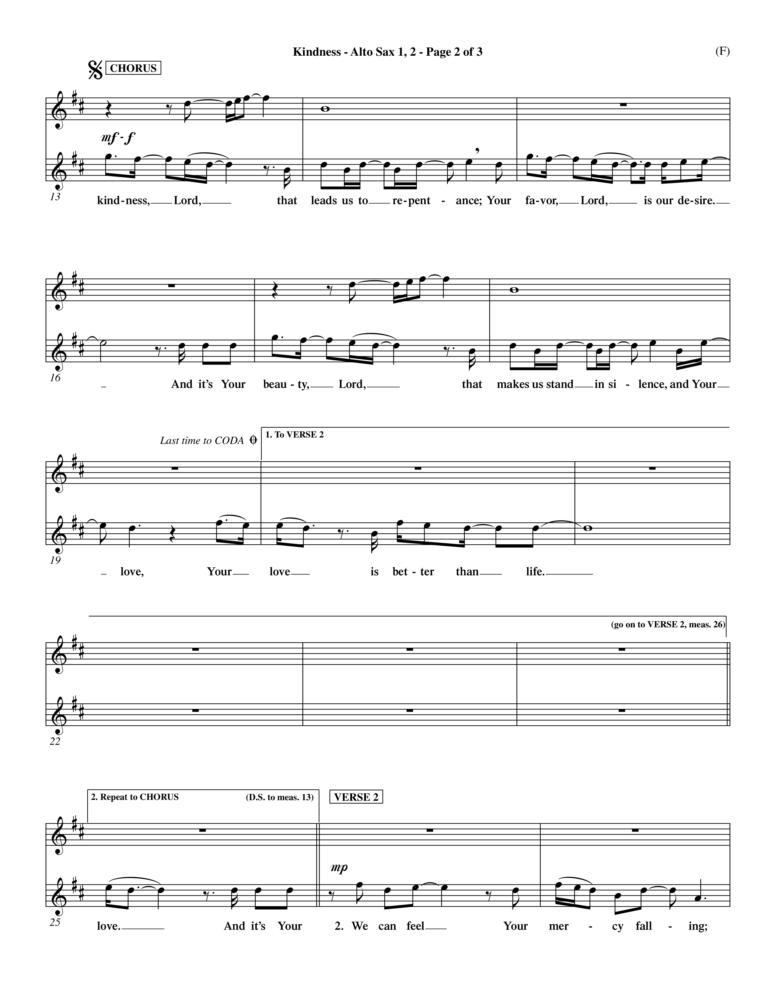 Kindness (Choral Anthem SATB) Alto Sax 1/2 (Word Music Choral / Arr. Dave Williamson)