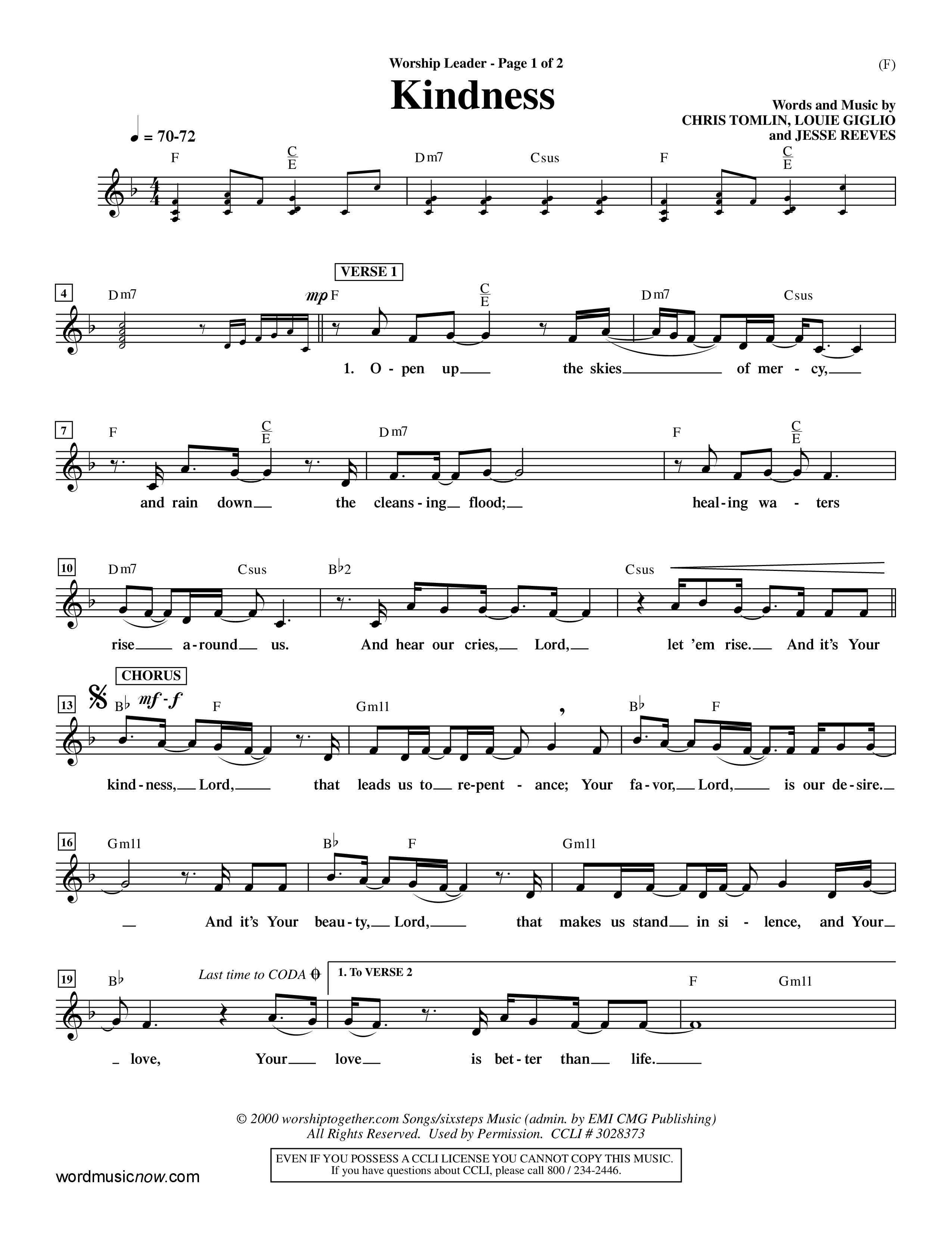 Kindness (Choral Anthem SATB) Lead Sheet (Mel) (Word Music Choral / Arr. Dave Williamson)
