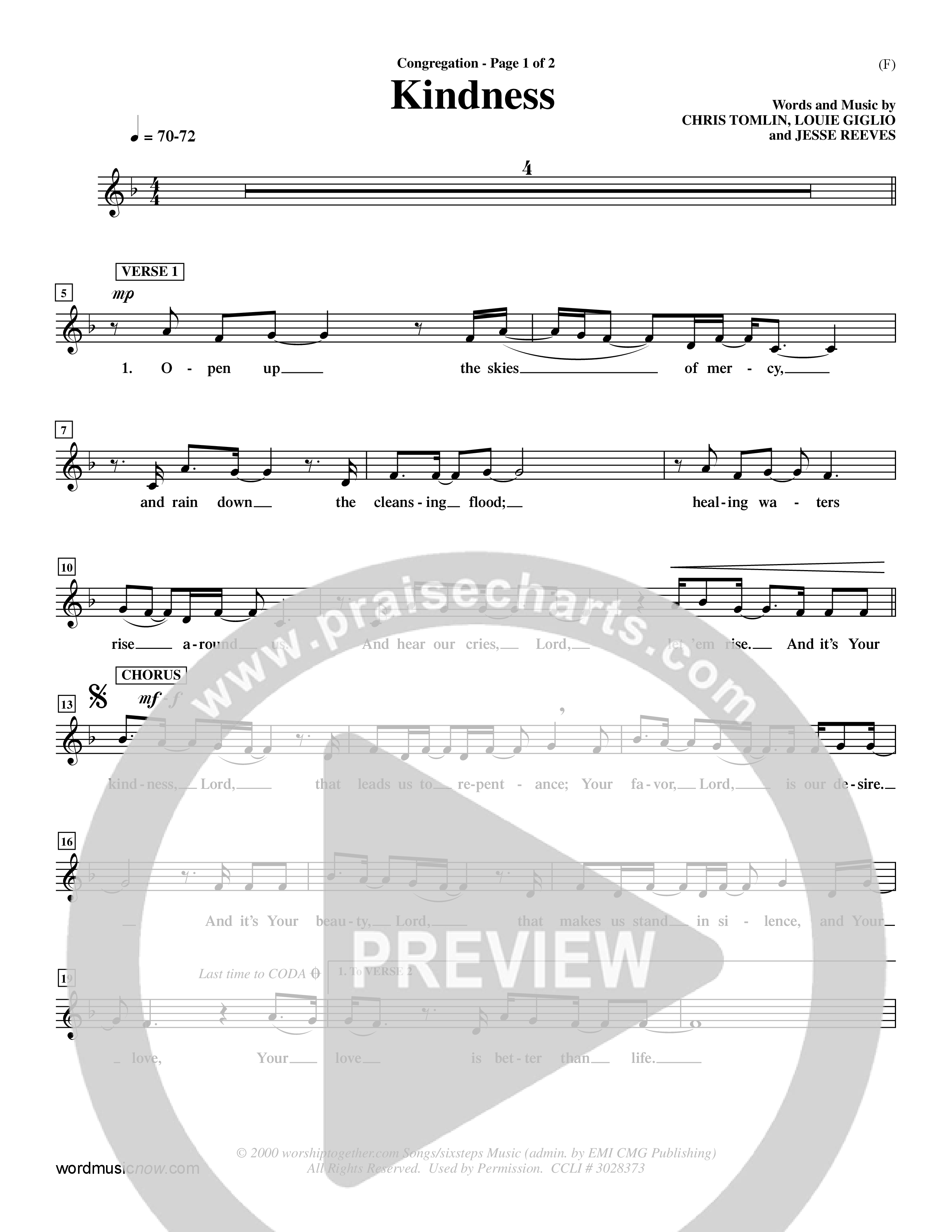 Kindness (Choral Anthem SATB) Lead Sheet (Mel) (Word Music Choral / Arr. Dave Williamson)