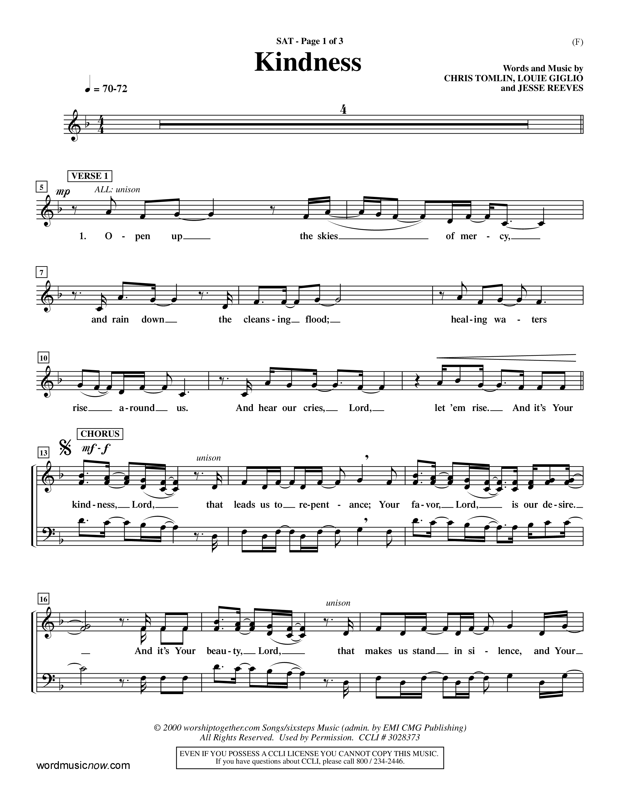 Kindness (Choral Anthem SATB) Lead Sheet (SAT) (Word Music Choral / Arr. Dave Williamson)