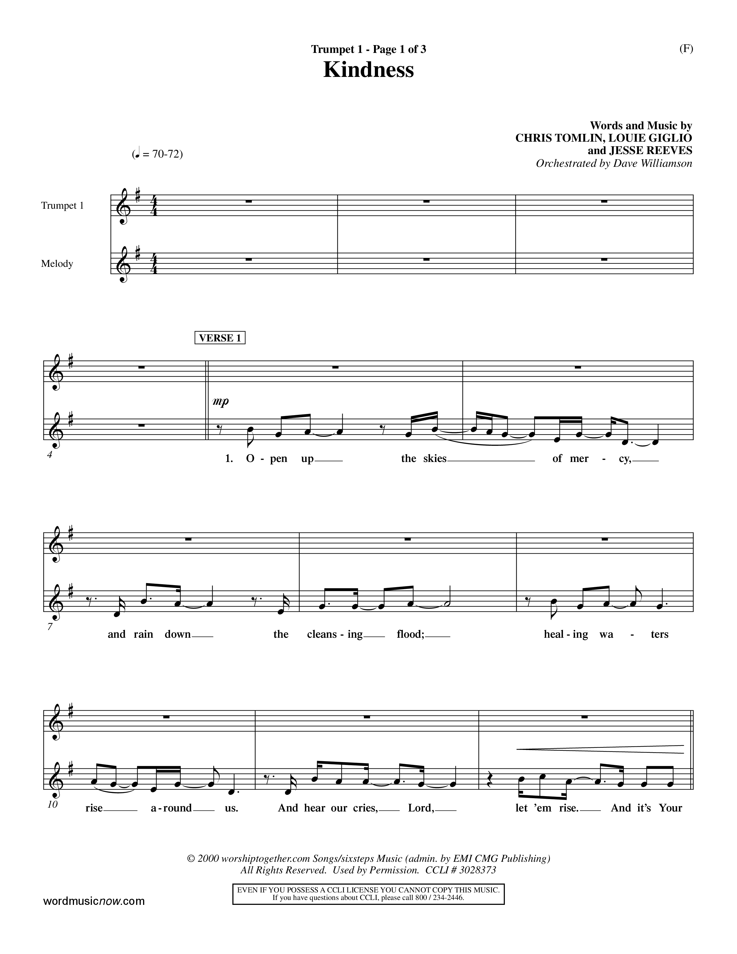 Kindness (Choral Anthem SATB) Trumpet 1 (Word Music Choral / Arr. Dave Williamson)