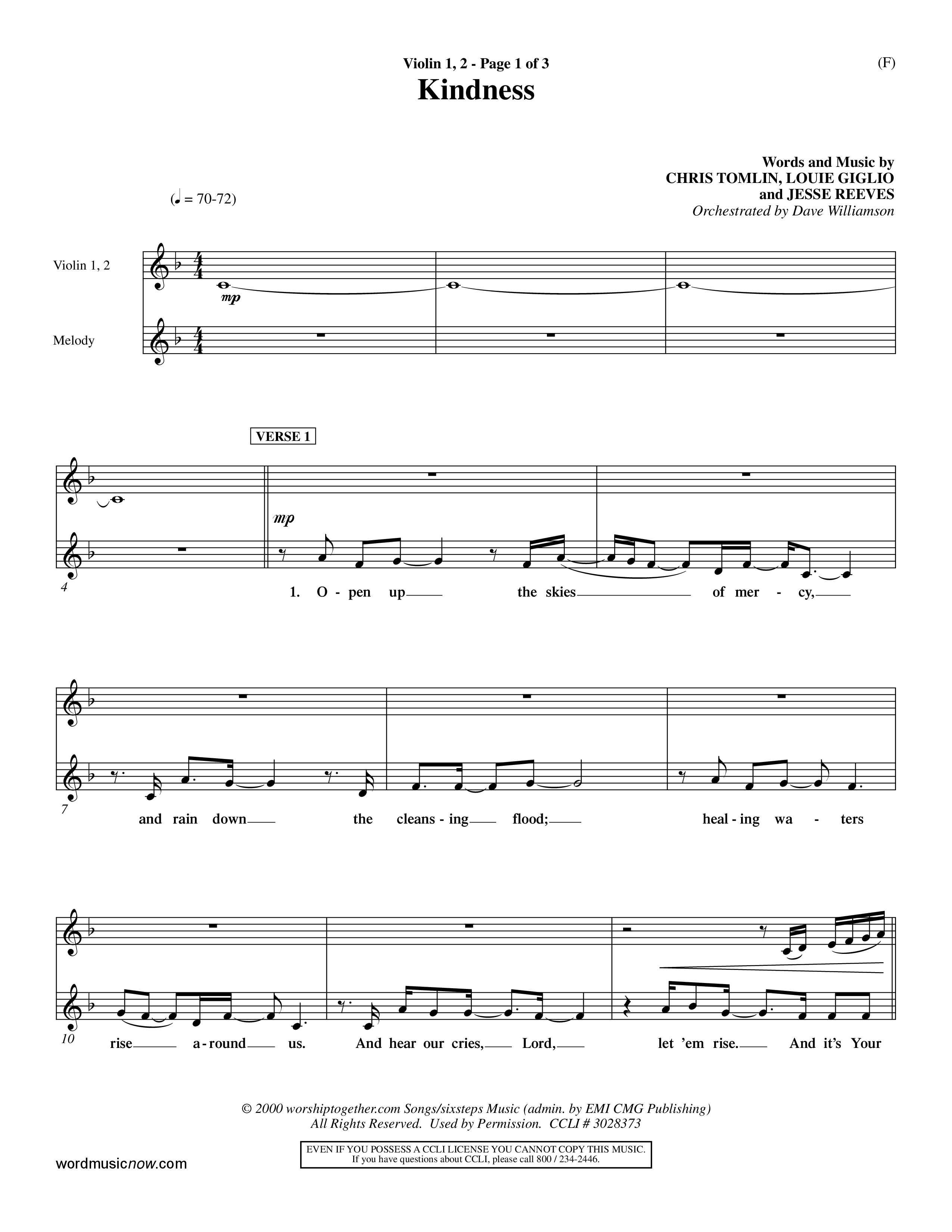 Kindness (Choral Anthem SATB) Violin 1/2 (Word Music Choral / Arr. Dave Williamson)