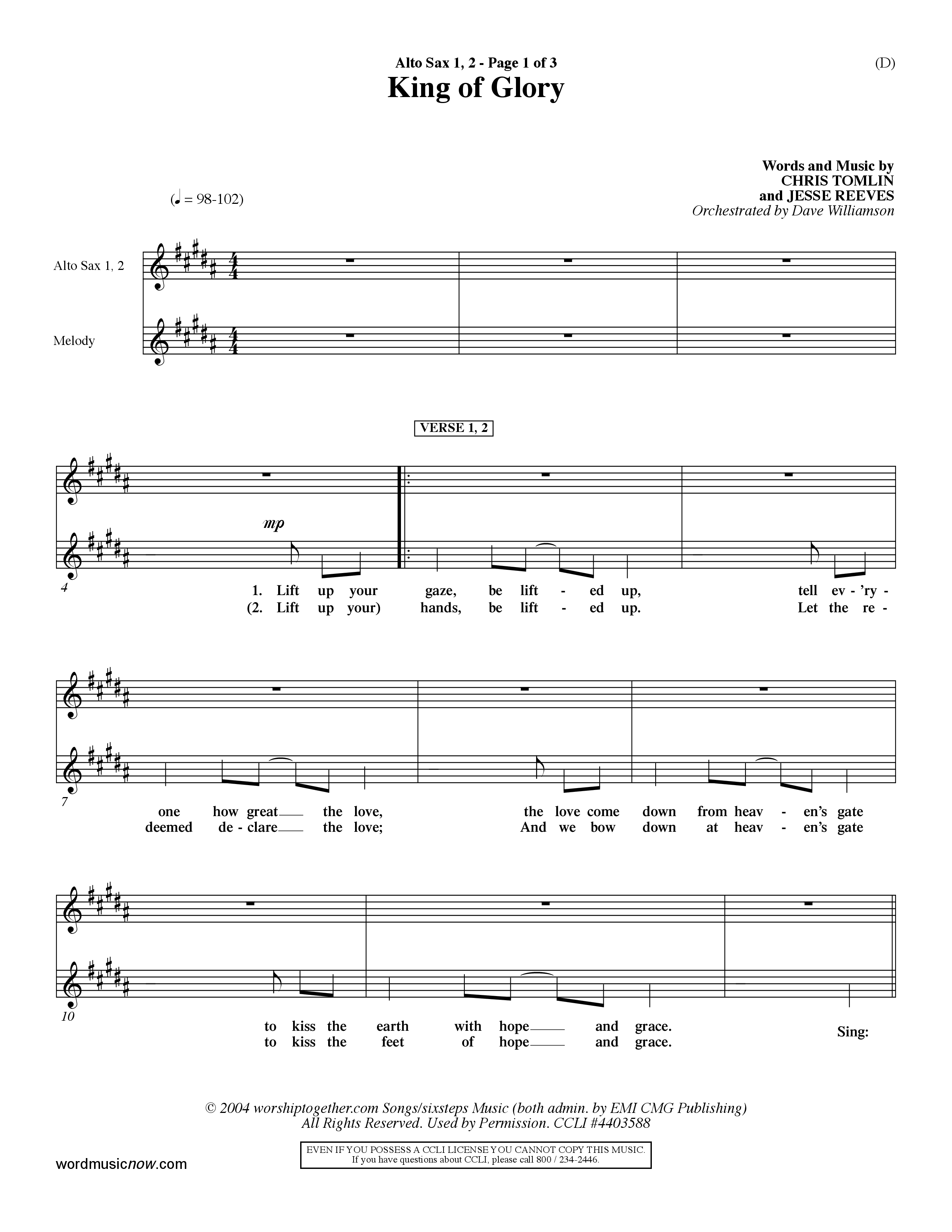 King Of Glory (Choral Anthem SATB) Alto Sax 1/2 (Word Music Choral / Orch. Dave Williamson)