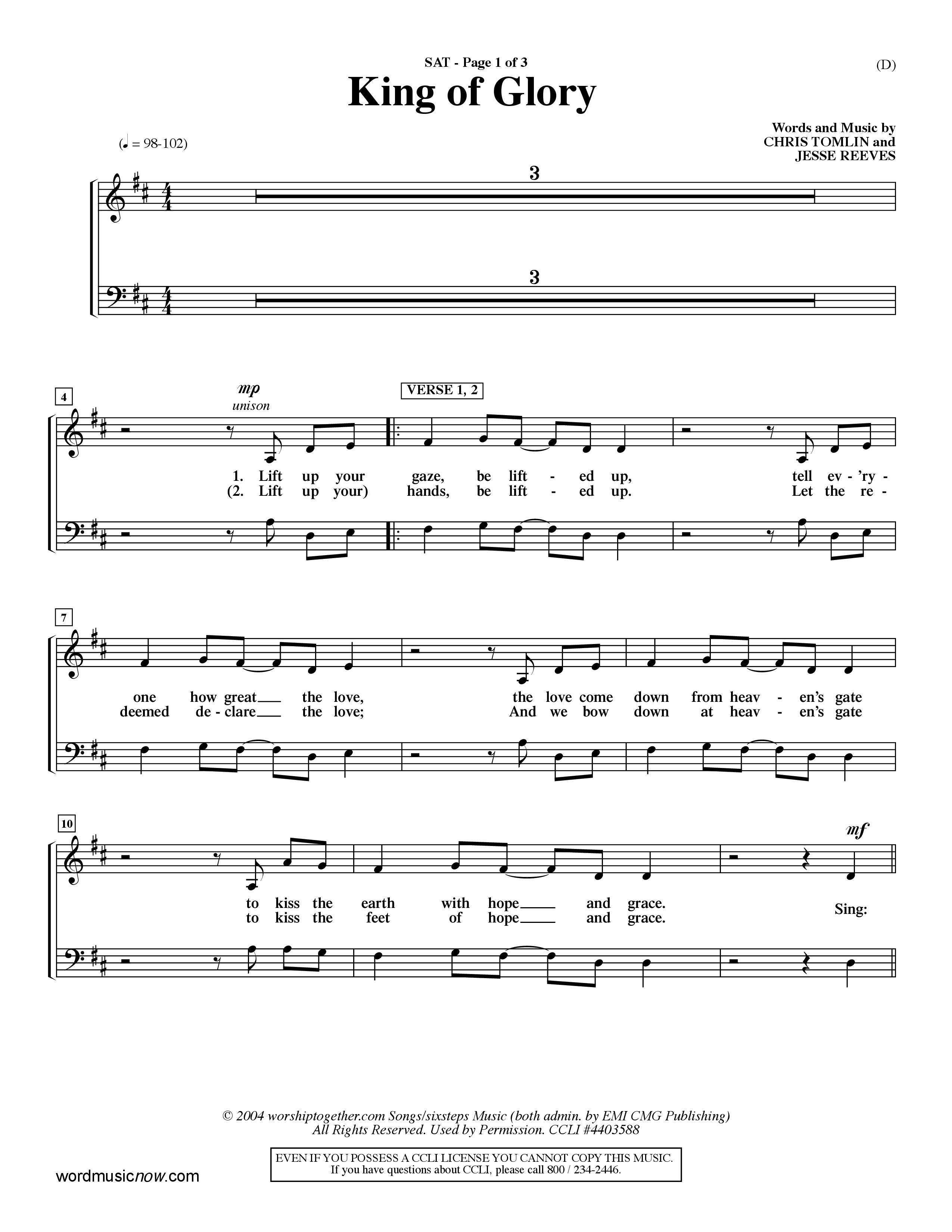 King Of Glory (Choral Anthem SATB) Lead Sheet (SAT) (Word Music Choral / Orch. Dave Williamson)