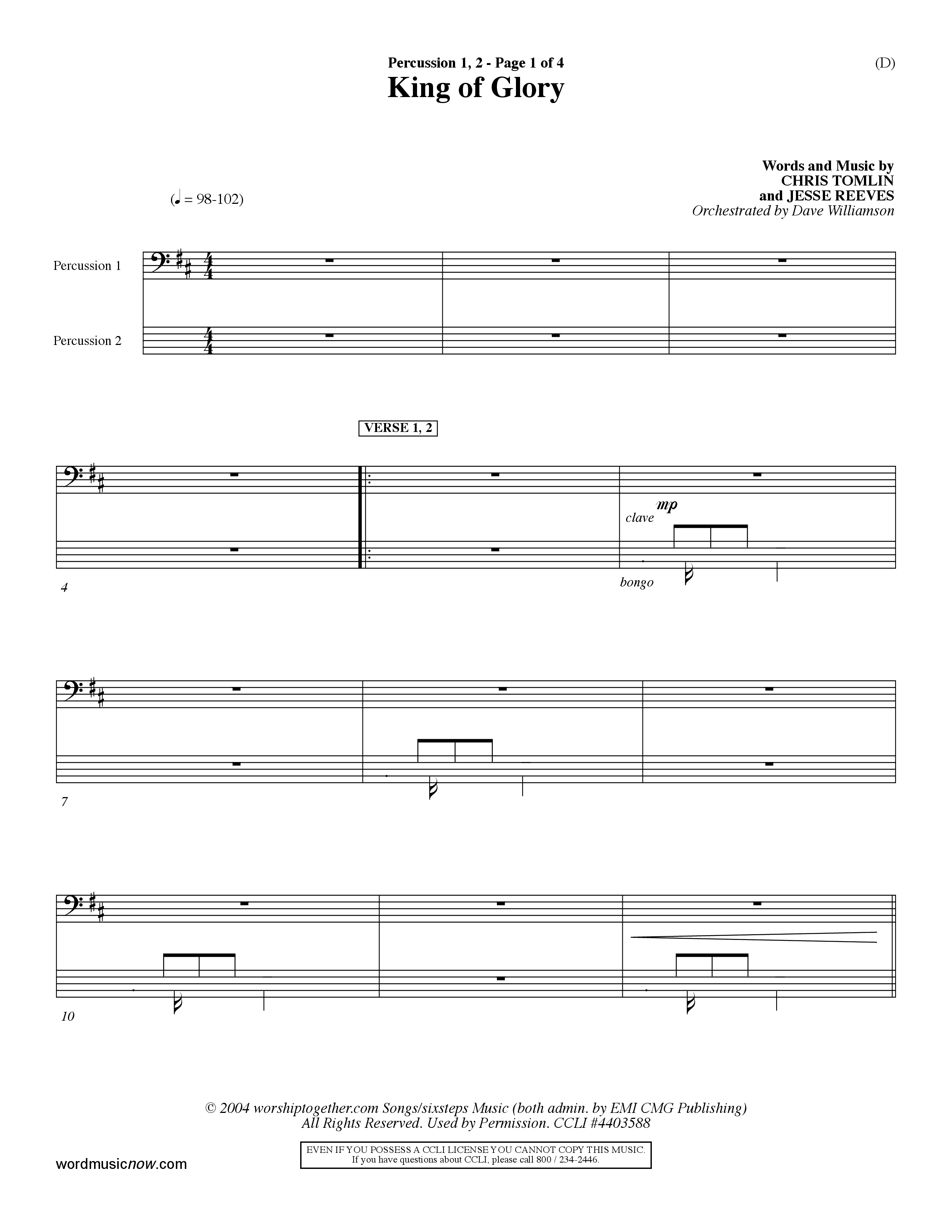 King Of Glory (Choral Anthem SATB) Percussion 1/2 (Word Music Choral / Orch. Dave Williamson)
