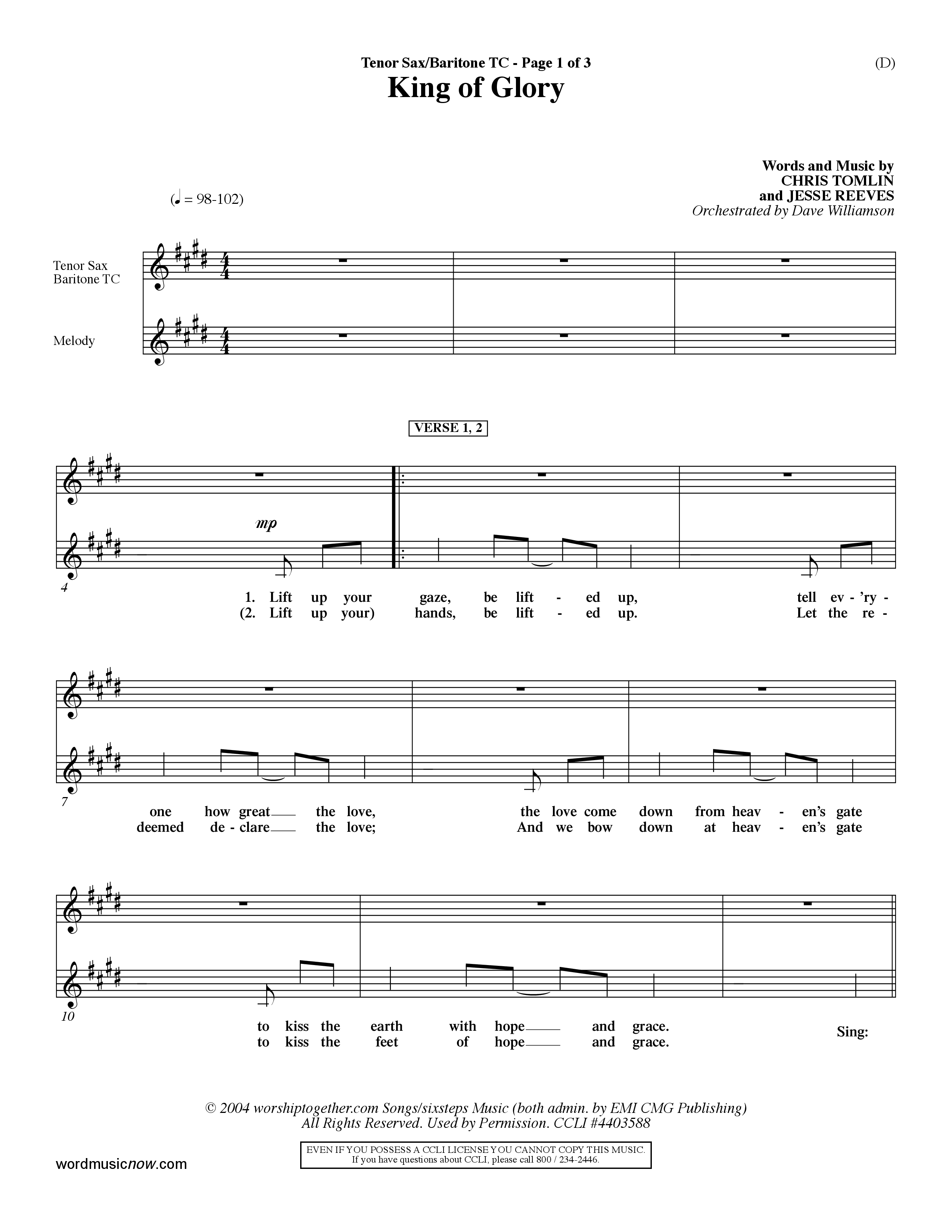 King Of Glory (Choral Anthem SATB) Tenor Sax/Baritone T.C. (Word Music Choral / Orch. Dave Williamson)